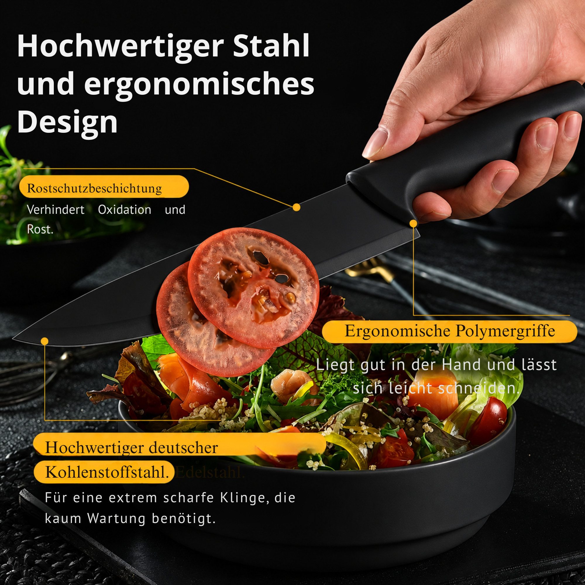 Vivitar Universalküchenmesser aus deutschem Edelstahl mit schwarzem Messerblock – Profi-Messerset, mit Kochmesser, Brotmesser, Santokumesser, Tranchiermesser