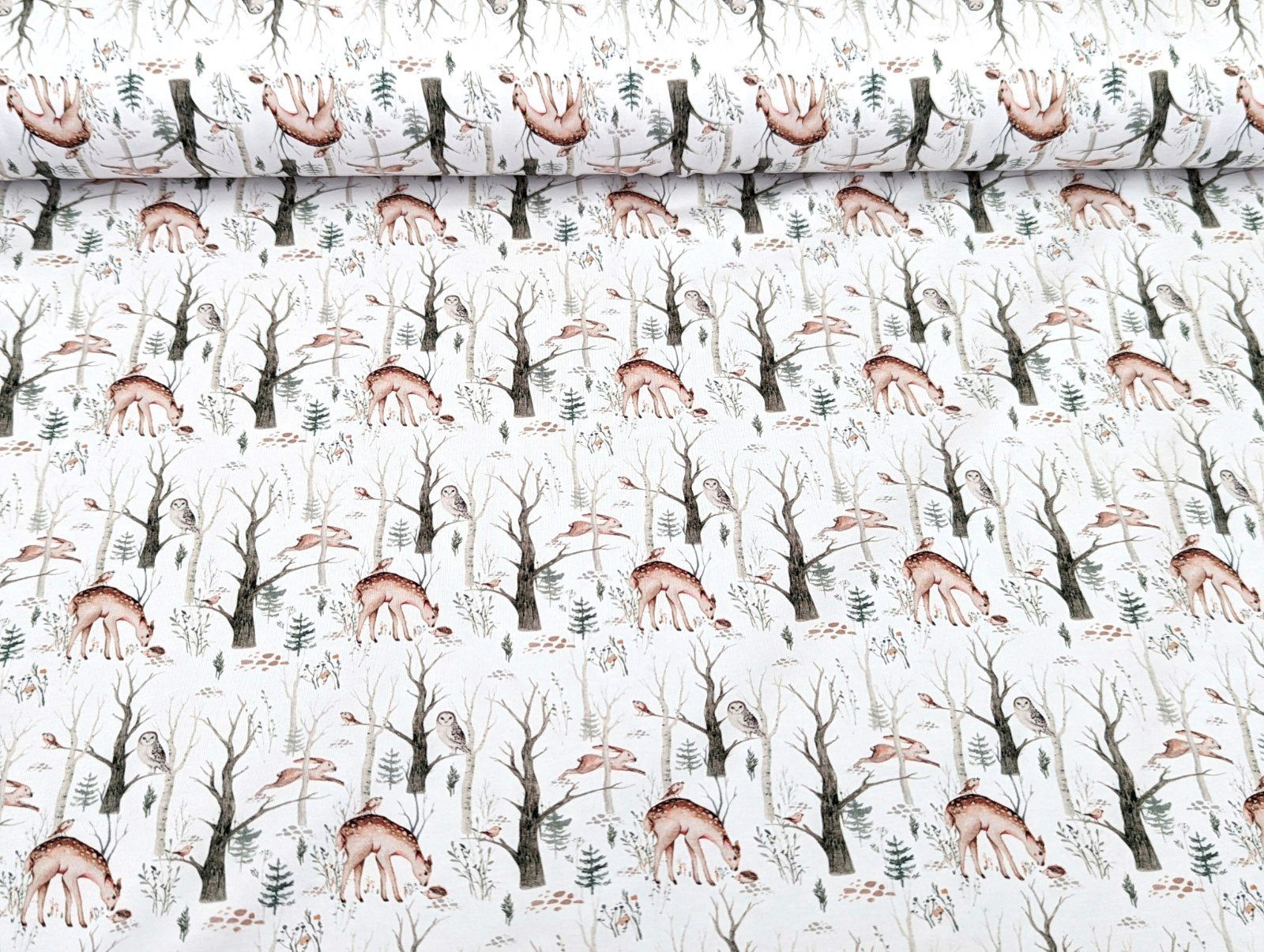 Thumbnail - Stoff Baumwolljersey Winterwald Reh Hirsch Hase auf Weiß Stoff Meterware