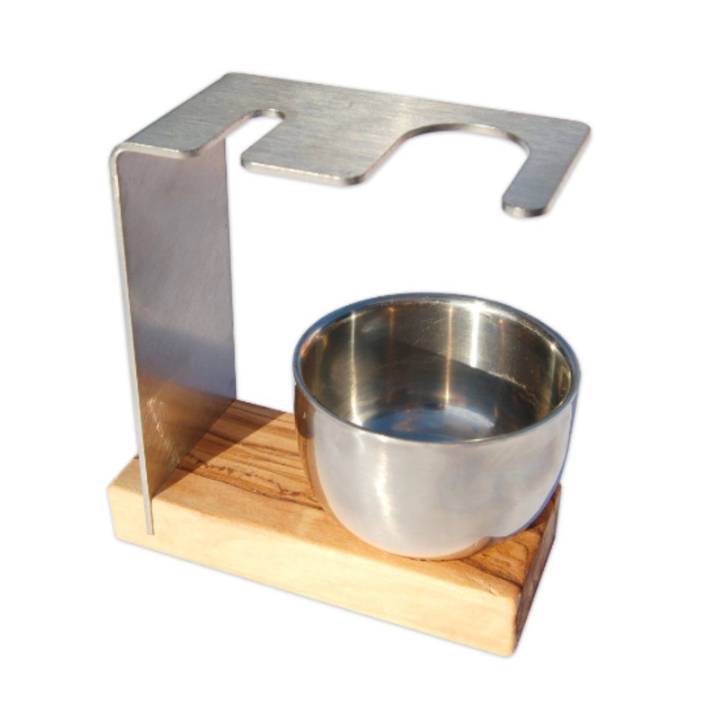 Olivenholz-erleben Rasierset-Ständer SYLT PLUS, Halter mit Edelstahltiegel glänzend auf Olivenholzsockel, 2-tlg., Stilvolle Aufbewahrung – Pinsel & Rasierer immer griffbereit