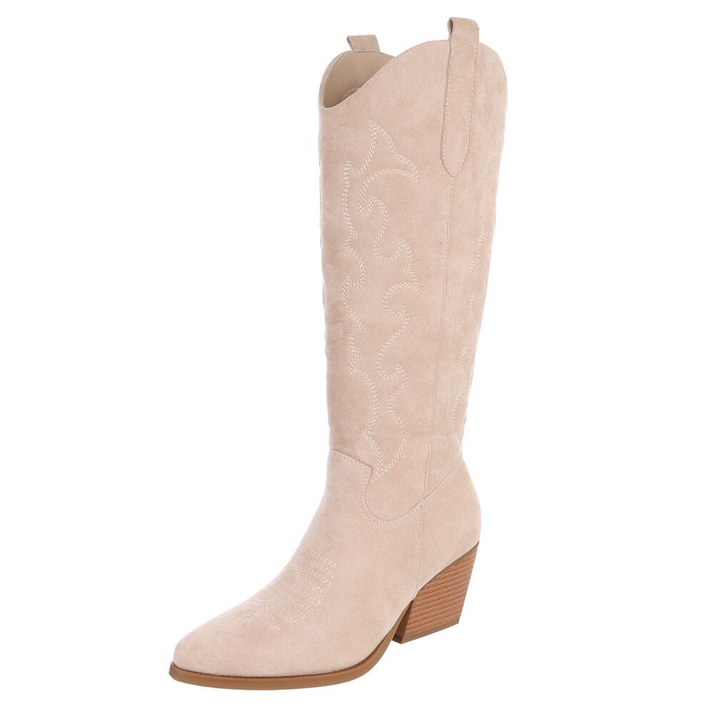 Ital-Design Damen Overknee-Stiefel in Veloursleder-Optik, Absatz Westernstiefel (92457746) Blockabsatz Stiefel in Beige