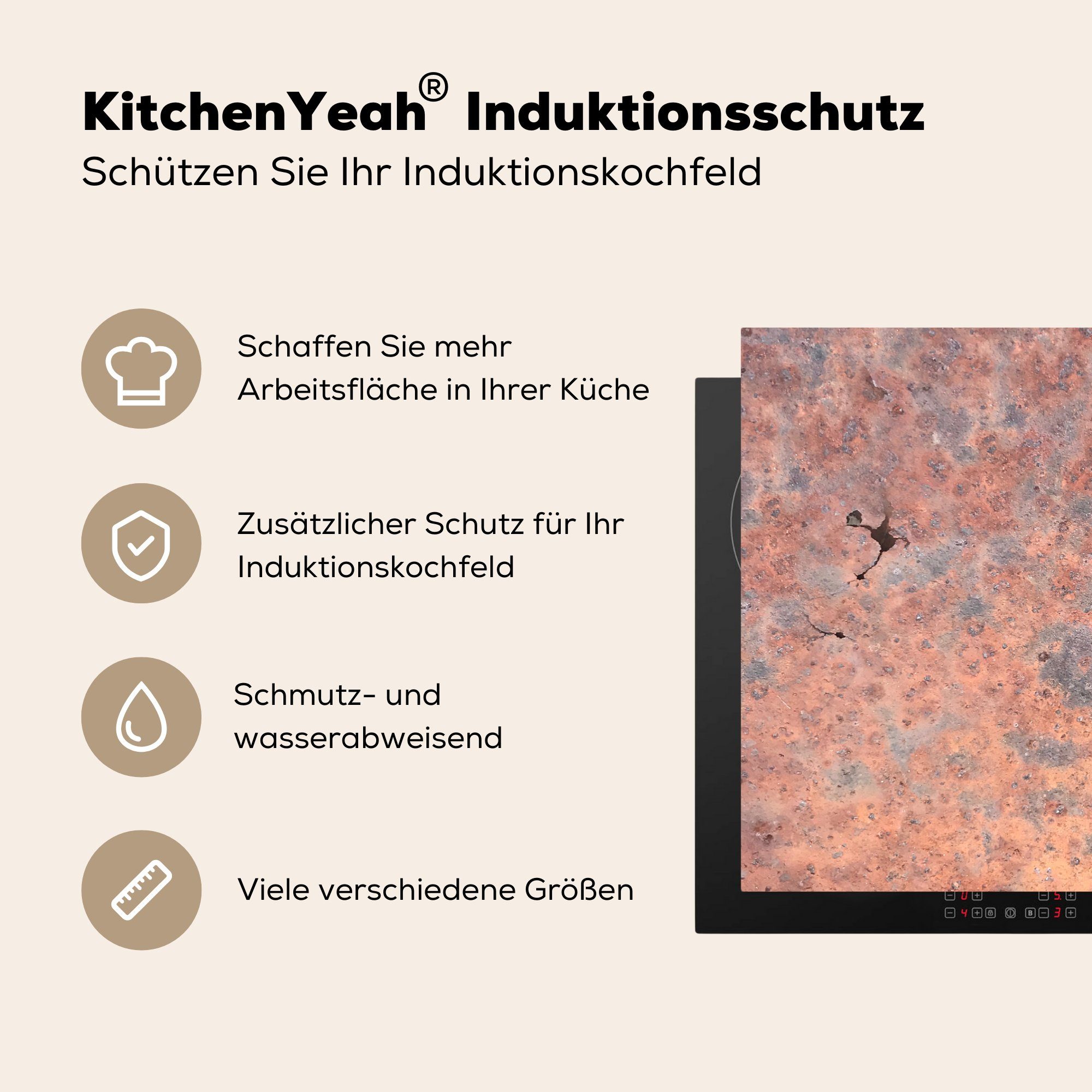 MuchoWow Herdblende-/Abdeckplatte küche, Rost - 81x52 tlg), Metall, die Induktionskochfeld - (1 für Ceranfeldabdeckung Vinyl, cm, Verwittert Schutz