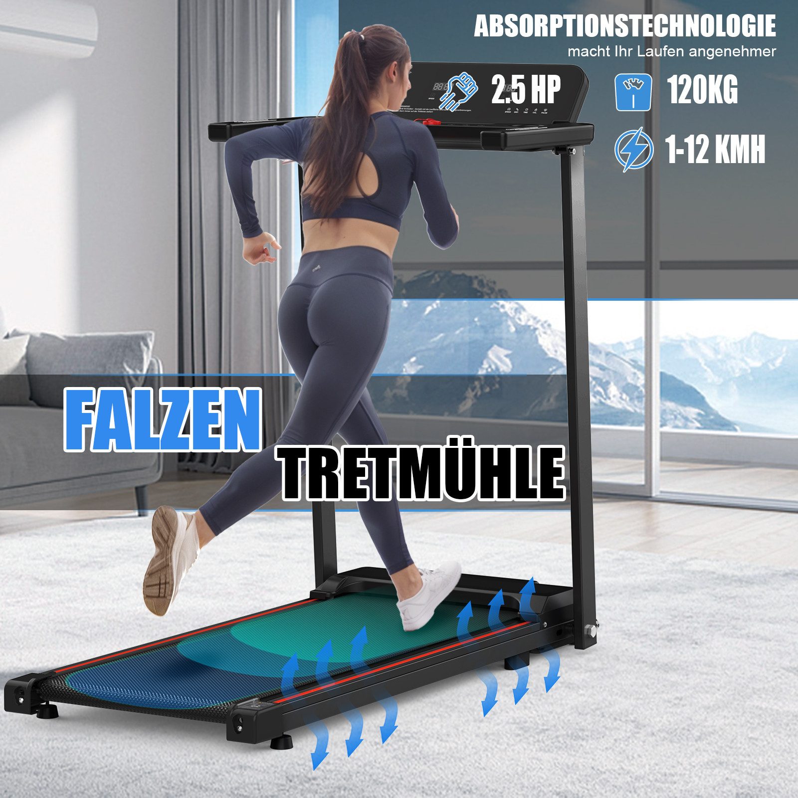 CARPAT SPORT Laufband Klappbares Laufband für Zuhause & Büro bis 12 km/h, 120 kg Belastbarkeit, LED-Display App-Steuerung, leise & transportabel