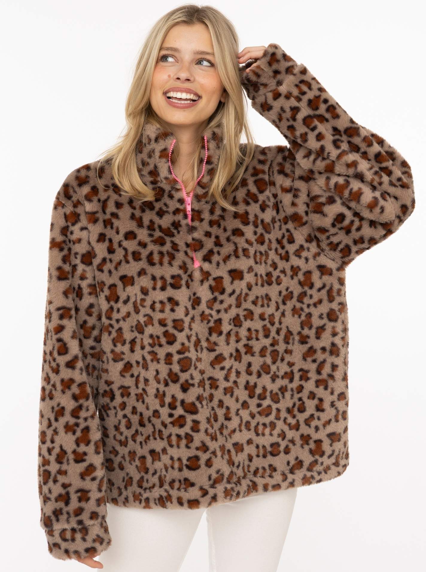 Zwillingsherz Troyer Fake Fur Troyer Cozy Leo mit Stehkragen, Reißverschluß, flauschiges Material, Leo-Allover