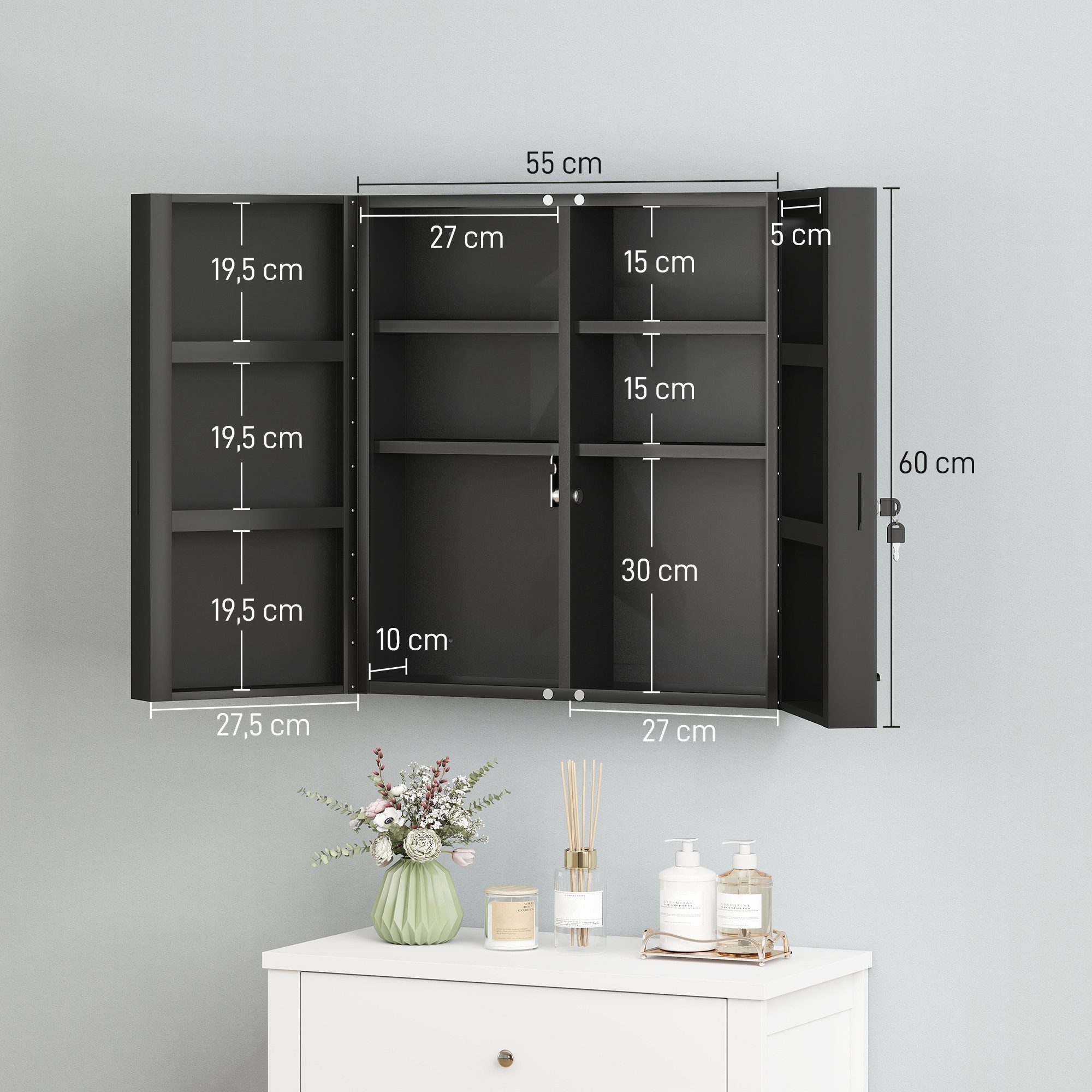 Kleankin Medizinschrank Medikamentenschrank abschließbar (Erste-Hilfe-Schrank, 1-St., Medikamentenschrank) abschließbar, 6 Regalfächer, pulverbeschichtet, wandmontagefähig