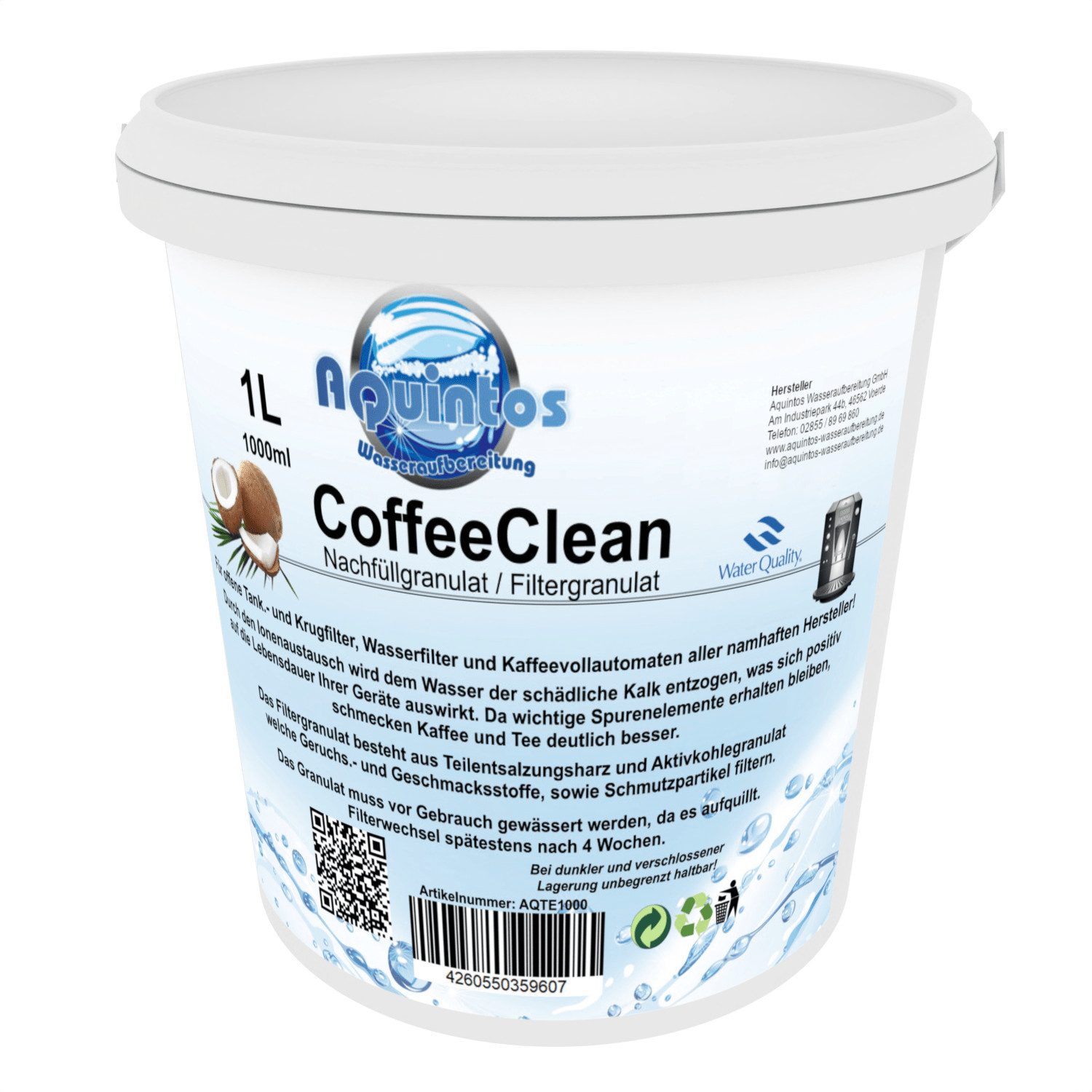 Aquintos Wasseraufbereitung Kalk- und Wasserfilter CoffeeClean Filter Graulat  Kaffeevollautomaten ‧ Tischwasserfilter, Zubehör für Nachfüllgranulat für Wasserfilter, Filtert organischen Verunreinigungen, schützt vor Kalkablagerung