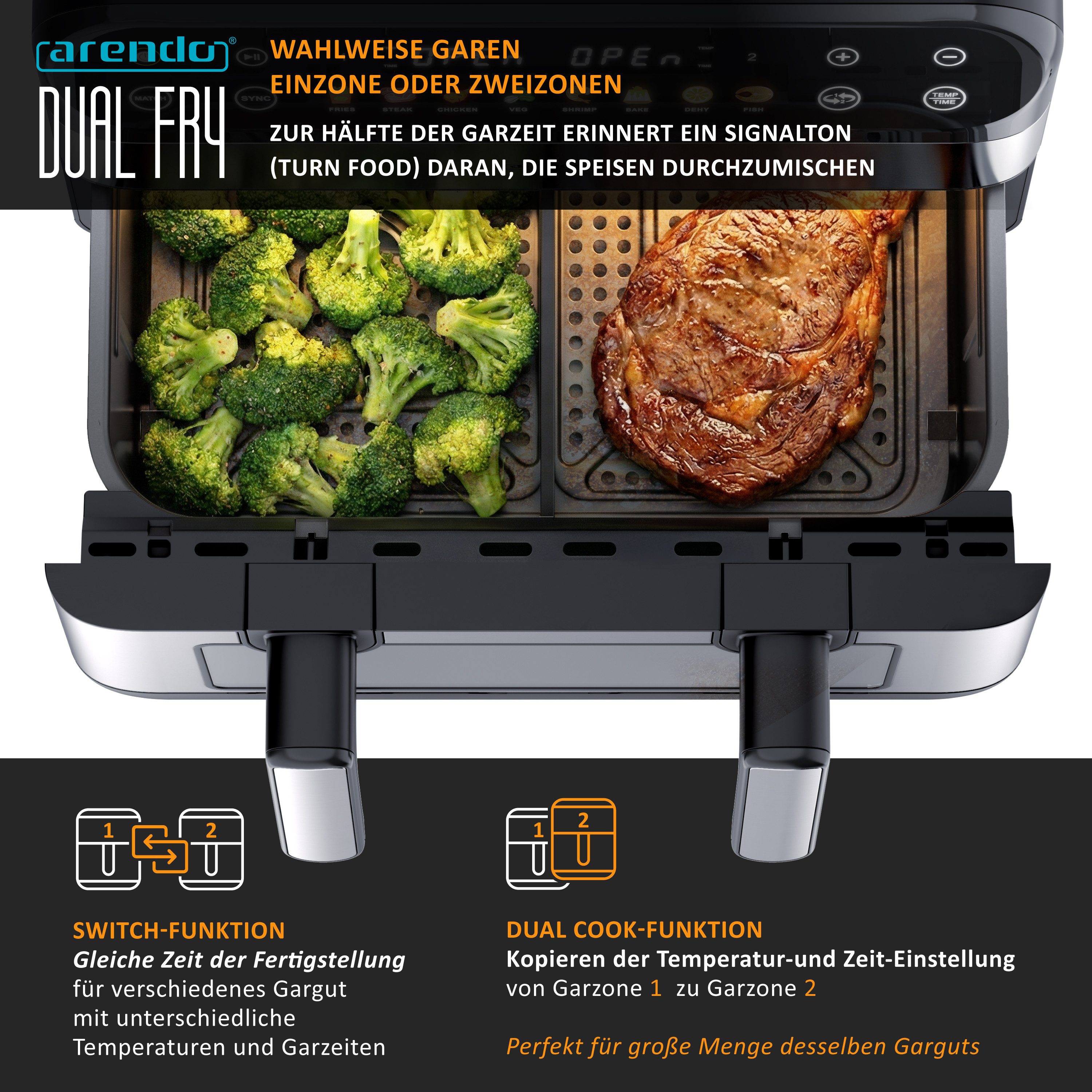 Arendo Heißluftfritteuse Airfryer XXL mit beleuchtetem Sichtfenster, Pre Heat & Turn-Food, 2400 W, mit Zubehör, Umluft Backofen, Sichtfenster Grill, Dörrautomat – Bild 4 von 5