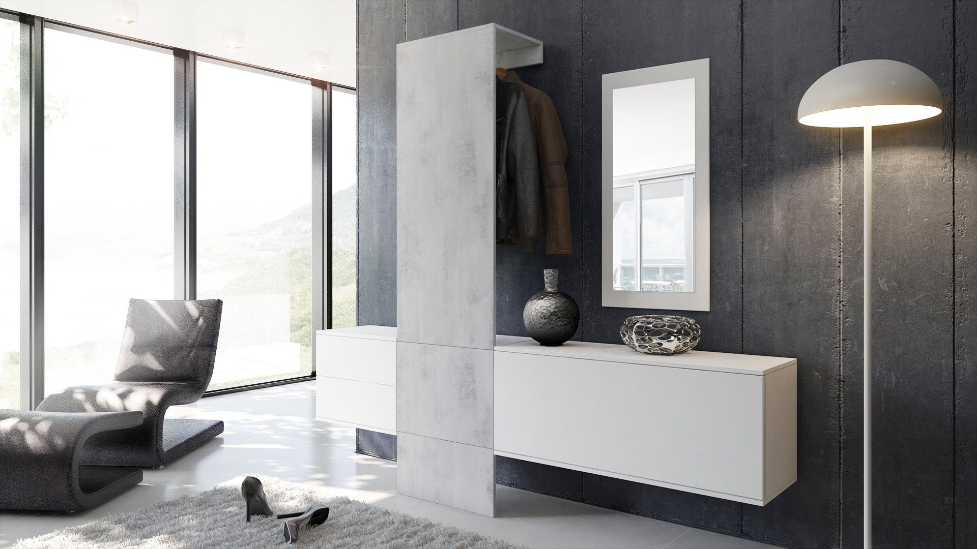 Vladon Garderoben-Set Carlton Set 1, (Wandgarderobe bestehend aus, 1 Paneel, 1 Schubkastenschrank, 1 Schrankmodul und 1 Spiegel), Weiß matt/Beton Oxid Optik (208 x 193 x 35 cm)