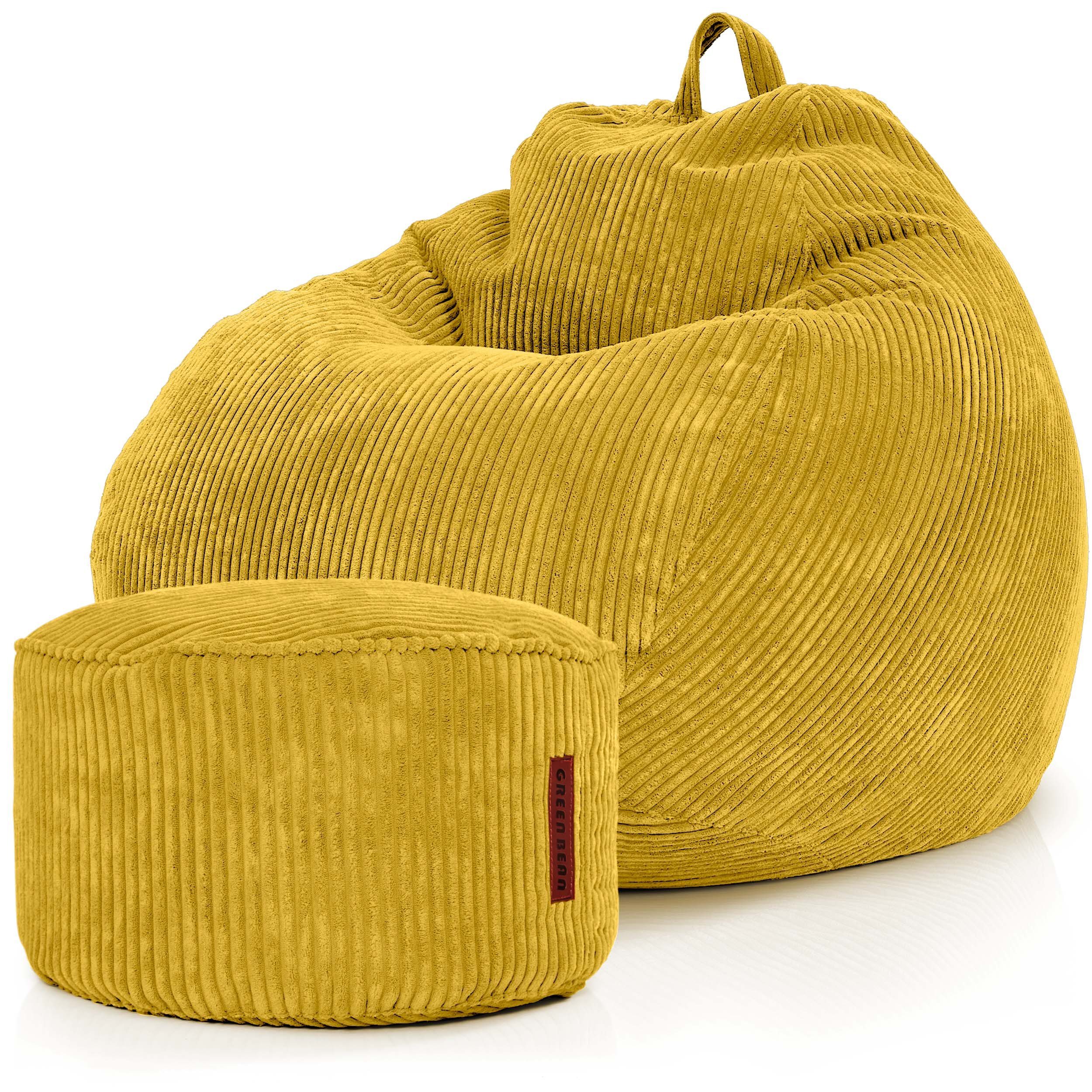 Green Bean Relax + Pouf Indoor Sessel Sitzhocker, Scoop Sitzkissen mit Gelb Cord, Sitzsack