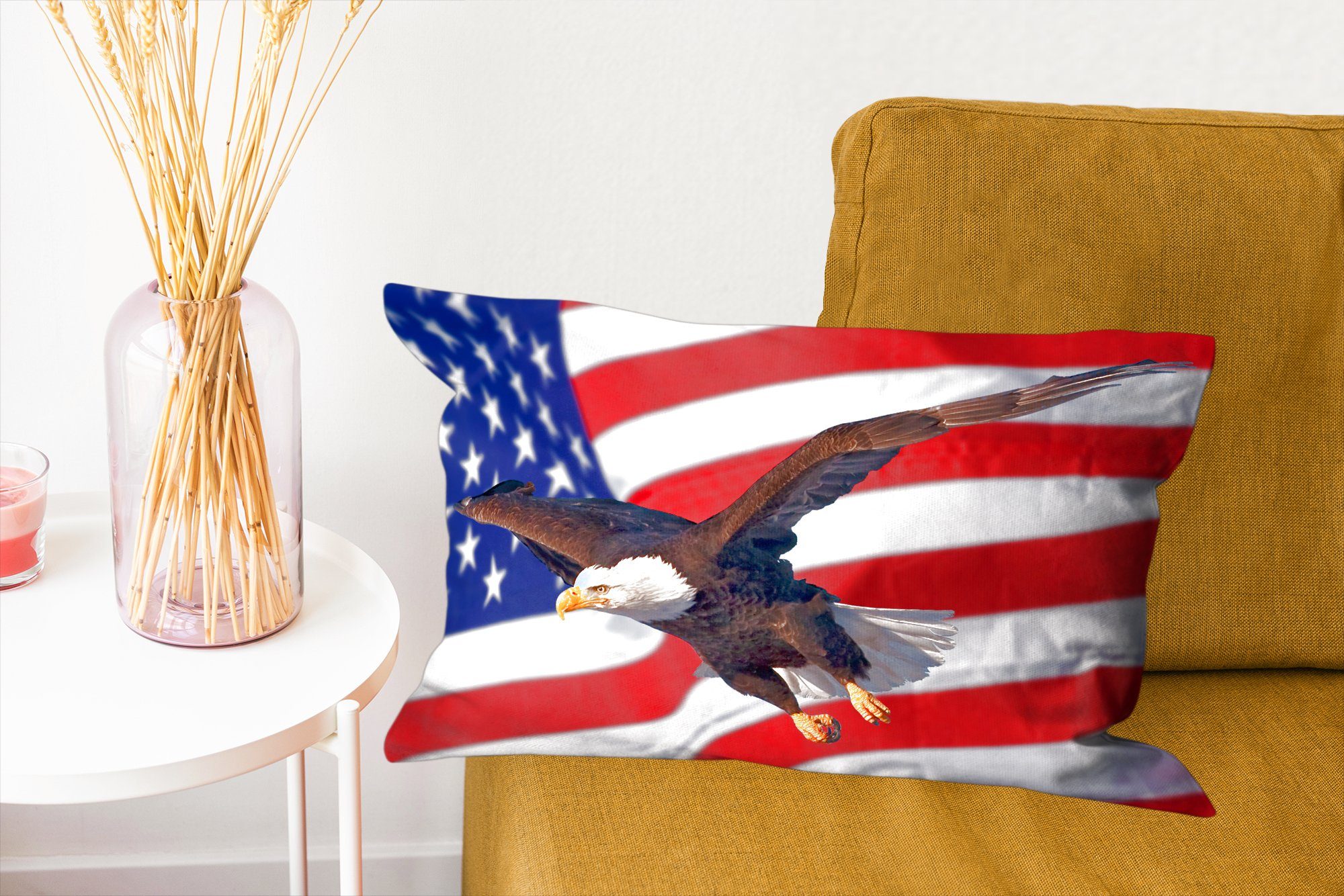 der Dekokissen vor Dekoration, Füllung, MuchoWow Flagge, amerikanischen Wohzimmer mit Amerikanischer Dekokissen Zierkissen, Schlafzimmer Weißkopfseeadler