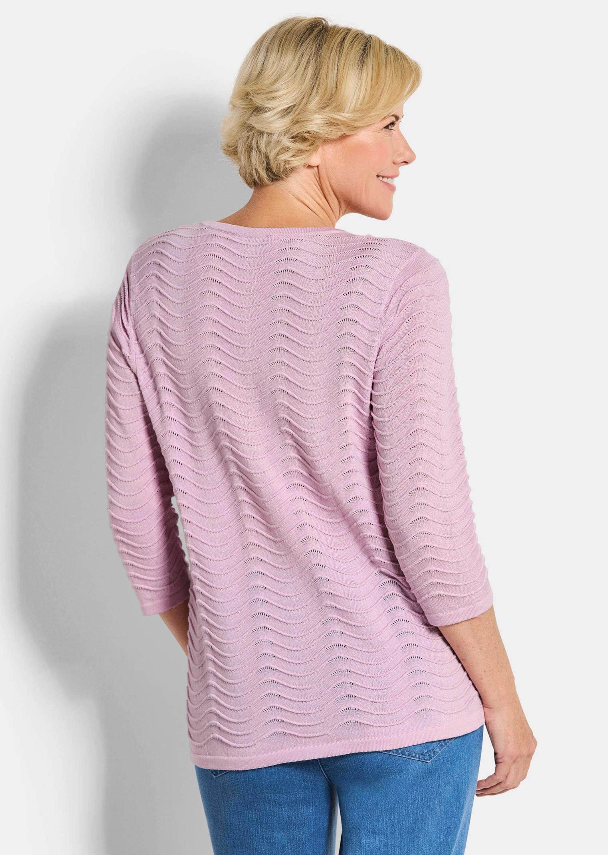 GOLDNER Strickpullover Kurzgröße: Sommerpullover mit Wellenstruktur Baumwollpullover mit Rundhals und 3/4-Ärmeln