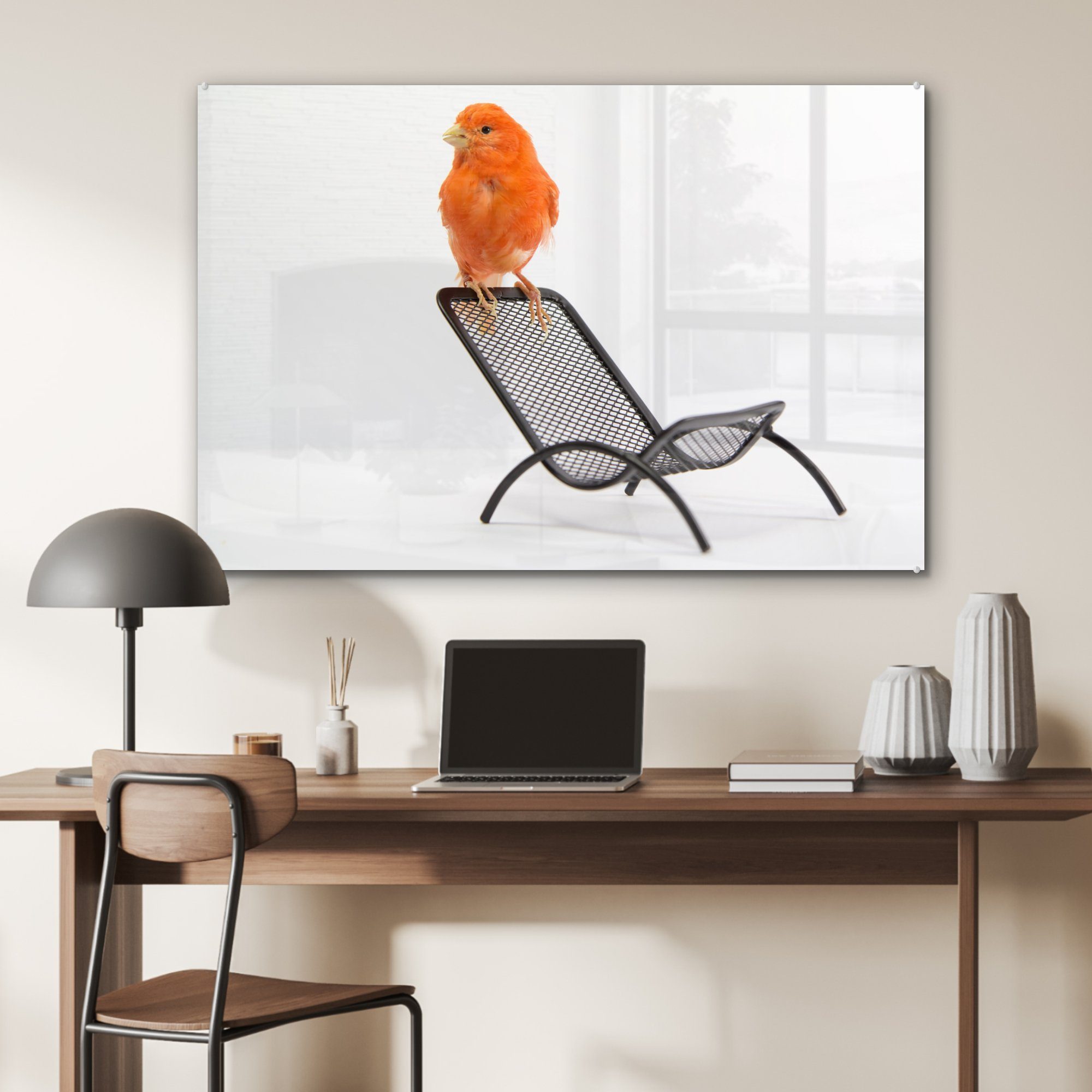 MuchoWow Acrylglasbild Roter Kanarienvogel auf Acrylglasbilder & Stuhl, Schlafzimmer (1 Wohnzimmer St), einem