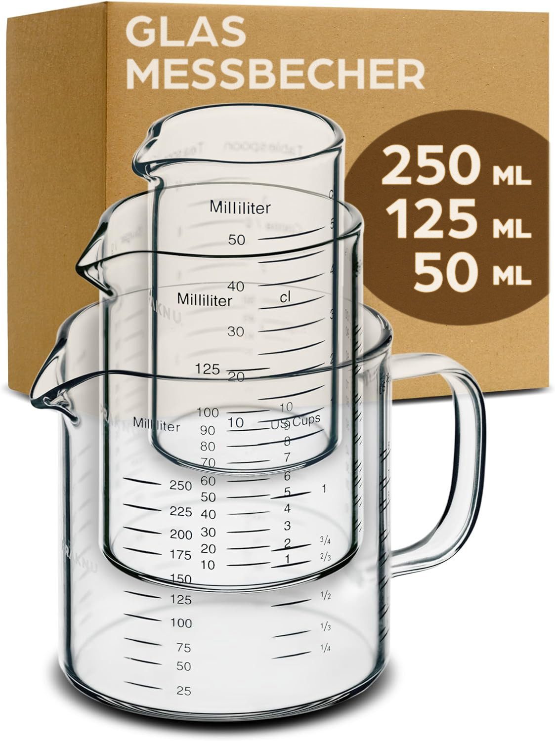 Praknu Messbecher Glas Messbecher mit Ausguss - 50ml, 125ml, 250ml - Präzise Skala, Borosilikatglas, (Set)