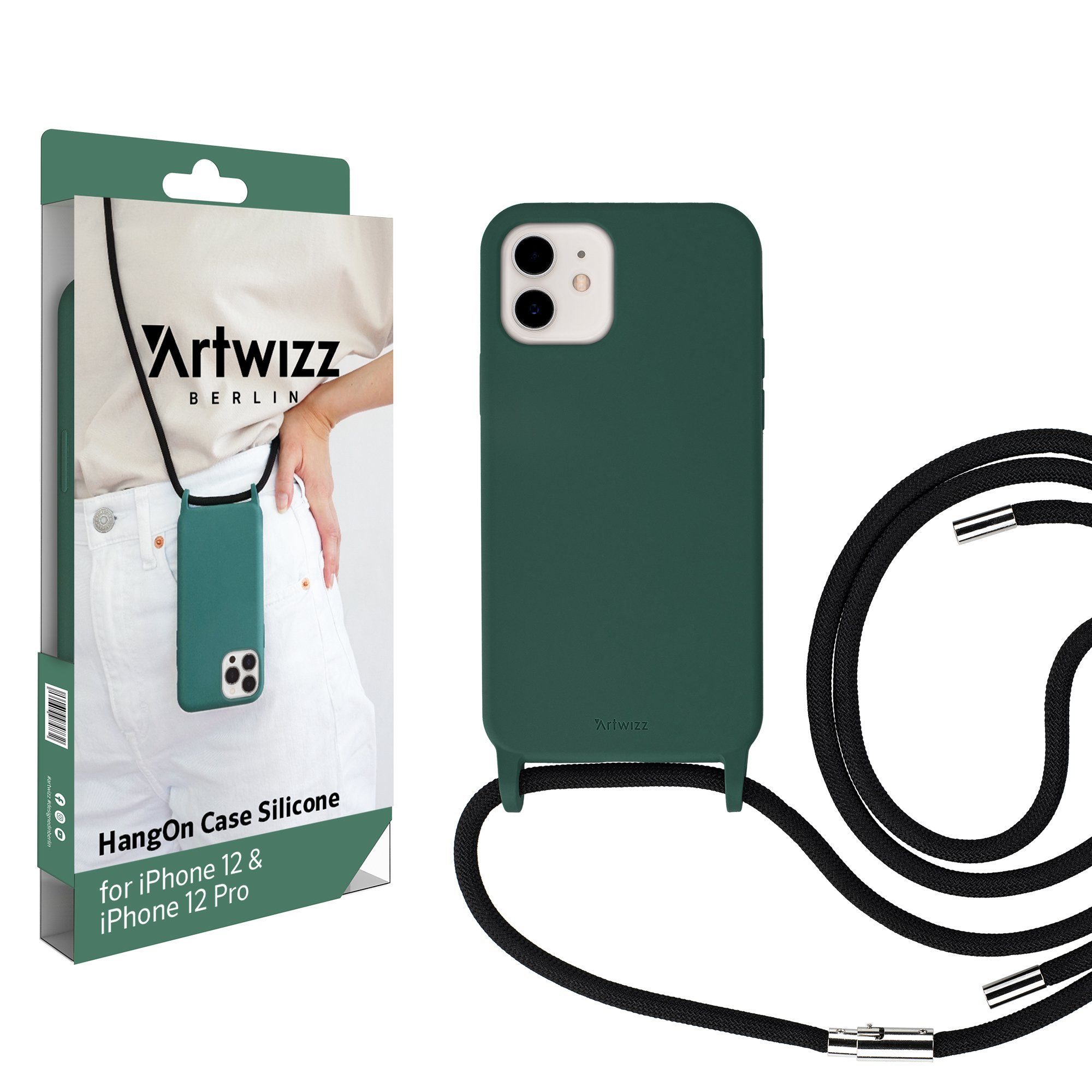 Artwizz Case zum Umhängen HangOn Case Silicone, Handykette aus Silikon, Dunkelgrün, iPhone 12 / iPhone 12 Pro