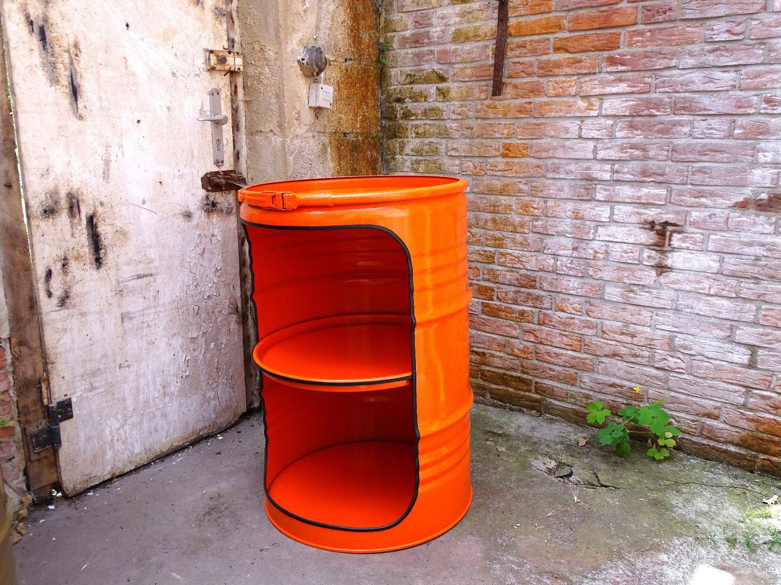 SRM Design Mehrzweckregal Fassregal Regal Ölfass 210L Fass Möbel Orange Fassmöbel + Beleuchtung