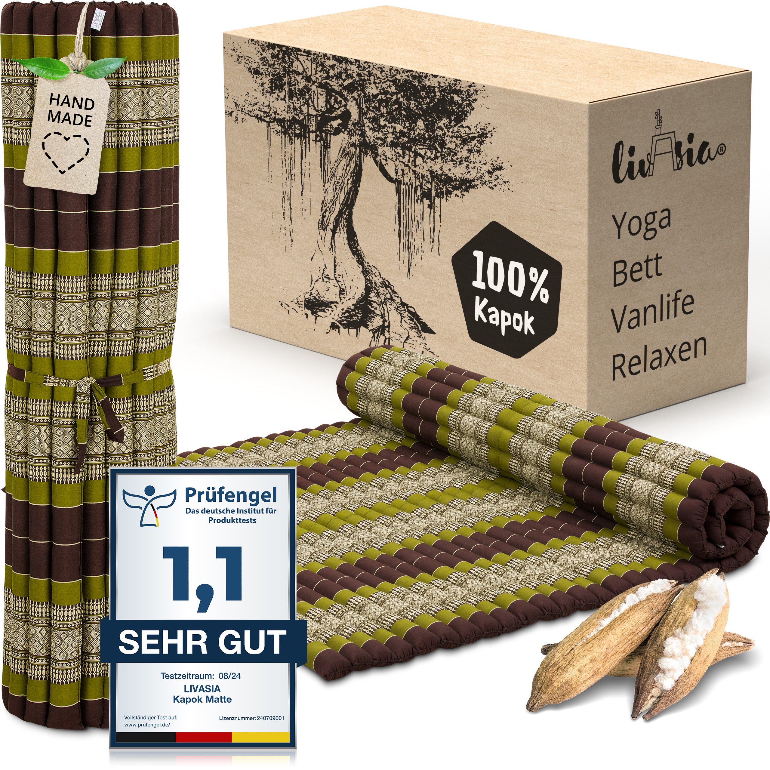 Reisebett-Matratzen Rollmatte 145 cm breit, vegan und handgefertigt, 200x145x4,5cm, livasia, 4.5 cm hoch, Kapok