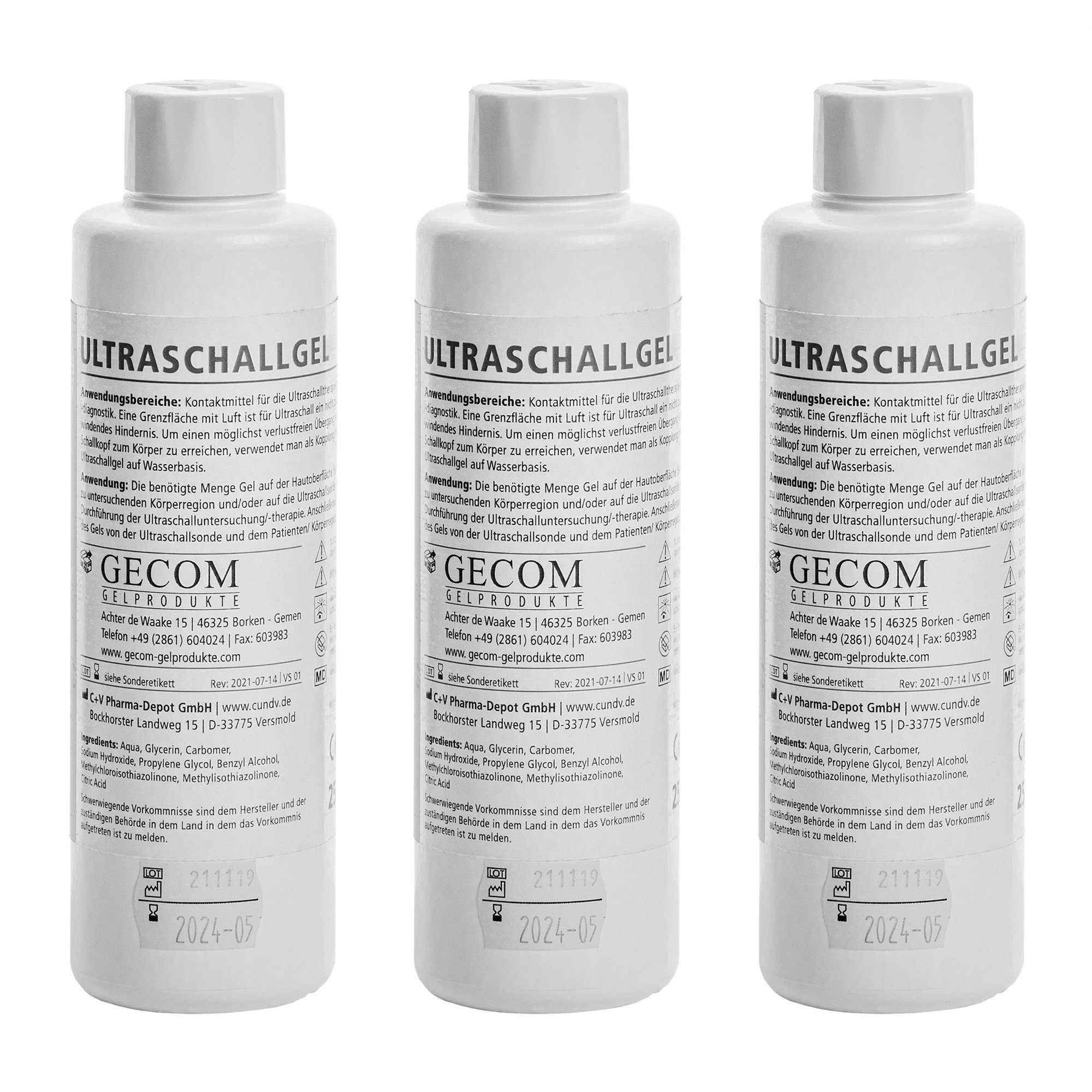 Gecom Gleitgel 3 x Ultraschallgel 250 ml Gel für Doppler und IPL