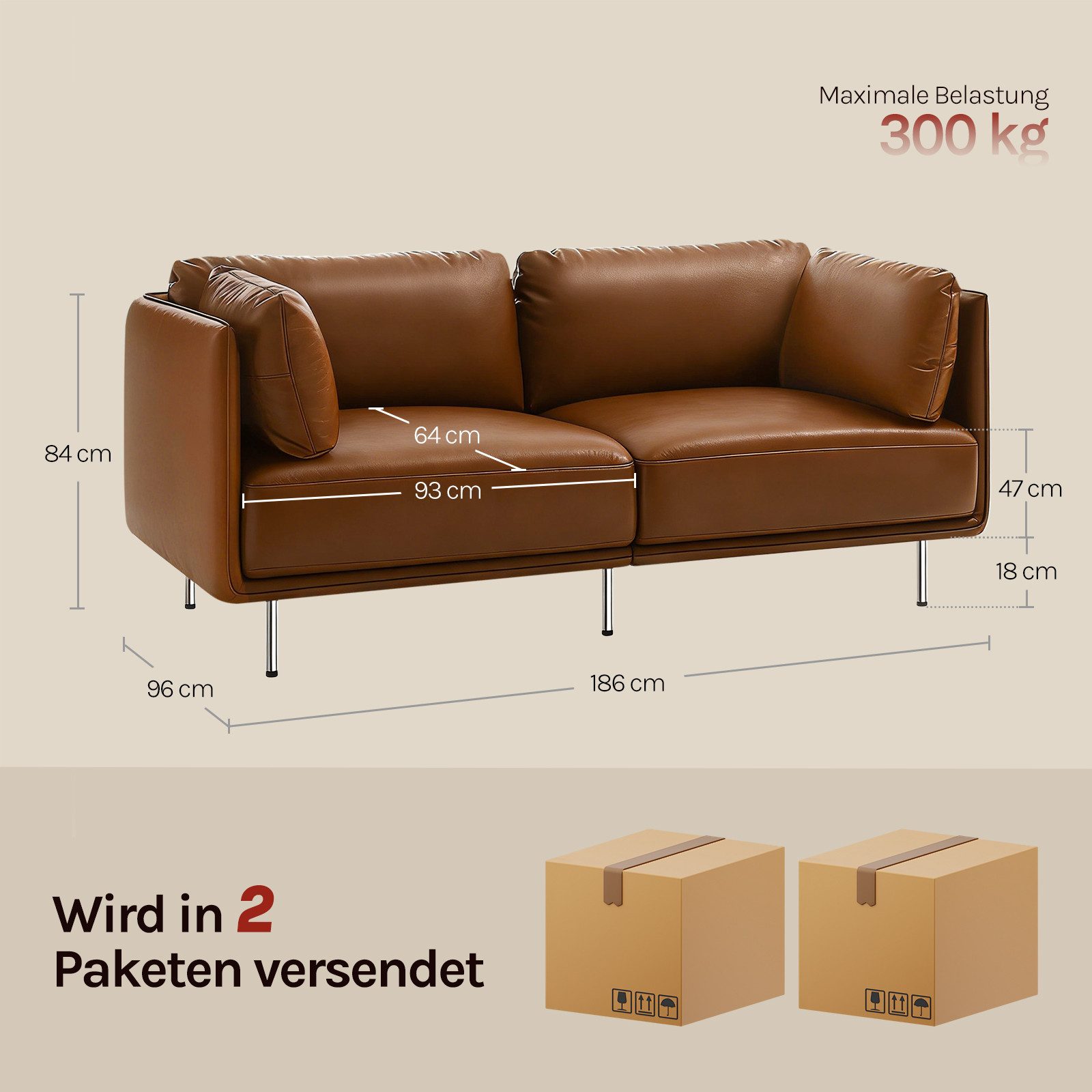 Woltu Sofa, aus Leder, im Bauhaus-Stil, Couch mit 18 cm hohen Füßen