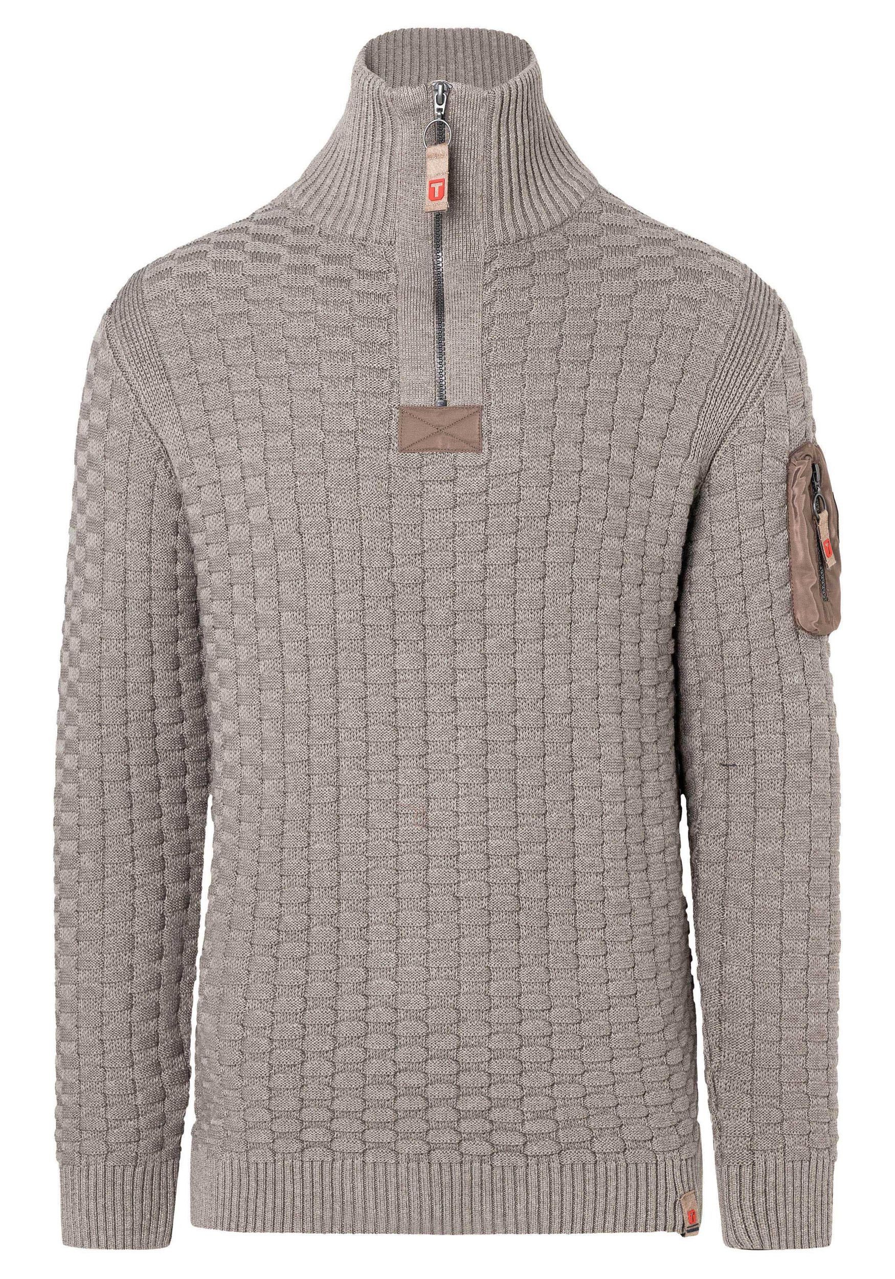 TIMEZONE Strickpullover Strickpullover 3D-Schachbrettmuster Ärmeltasche Heavy Knit Seamans Troyer