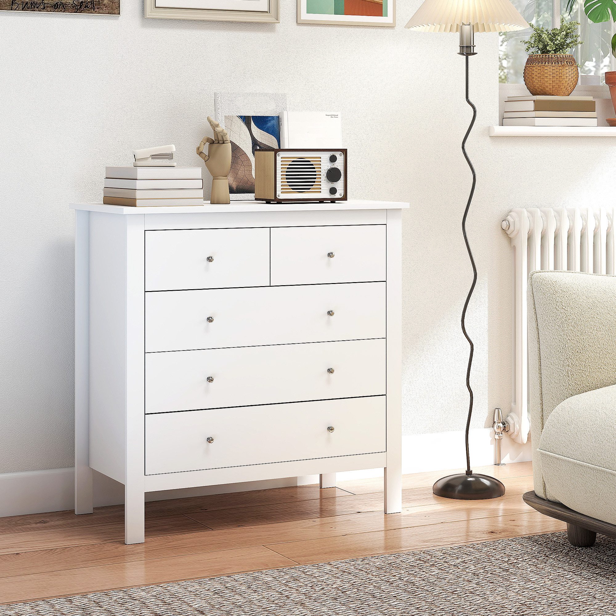 HOMCOM Kommode Sideboard mit 5 Schubladen modern Kommodenschrank Flur (Aufbewahrungsschrank, 1 St., Schubladenkommode), für Schlafzimmer, Wohnzimmer, Weiß 79 x 39,5 x 80,5 cm
