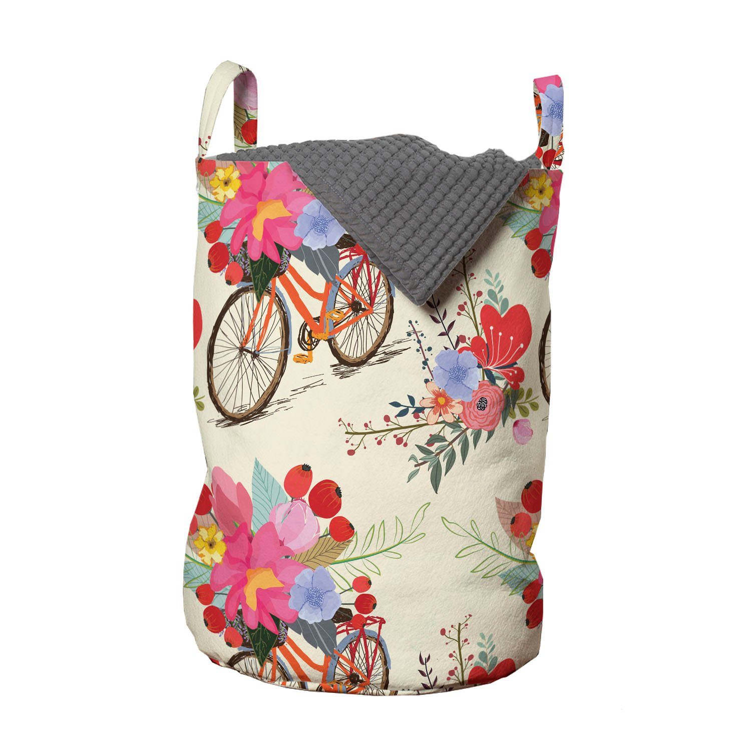 Abakuhaus Wäschesäckchen Wäschekorb mit Griffen Kordelzugverschluss für Waschsalons, Frühling Blumen und Fahrrad-Muster