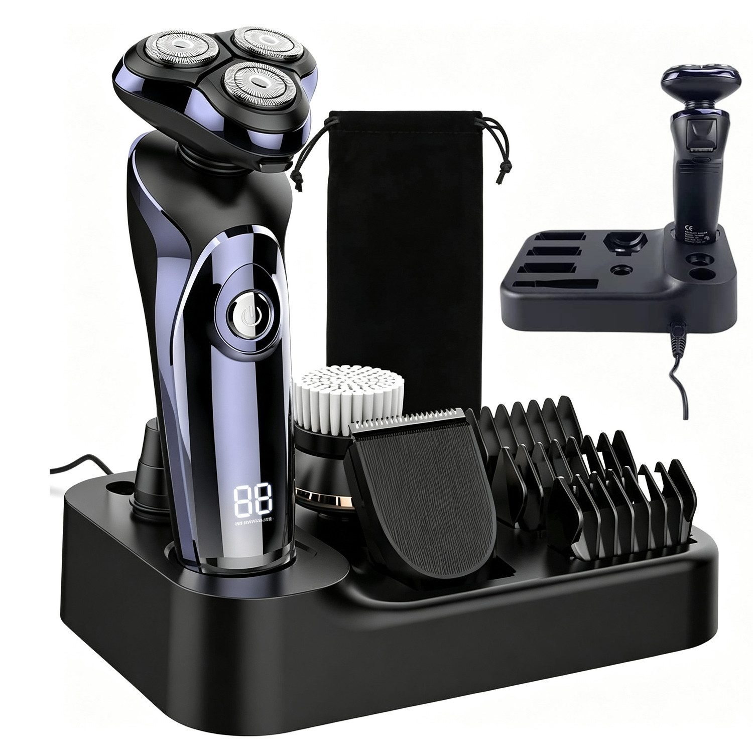 AKKEE Elektrorasierer 4-In-1 Elektrischer Rasierapparat Nass- und Trockenrasierer IPX7, USB Charge Station, 99-120Min Laufzeit, LCD-Display