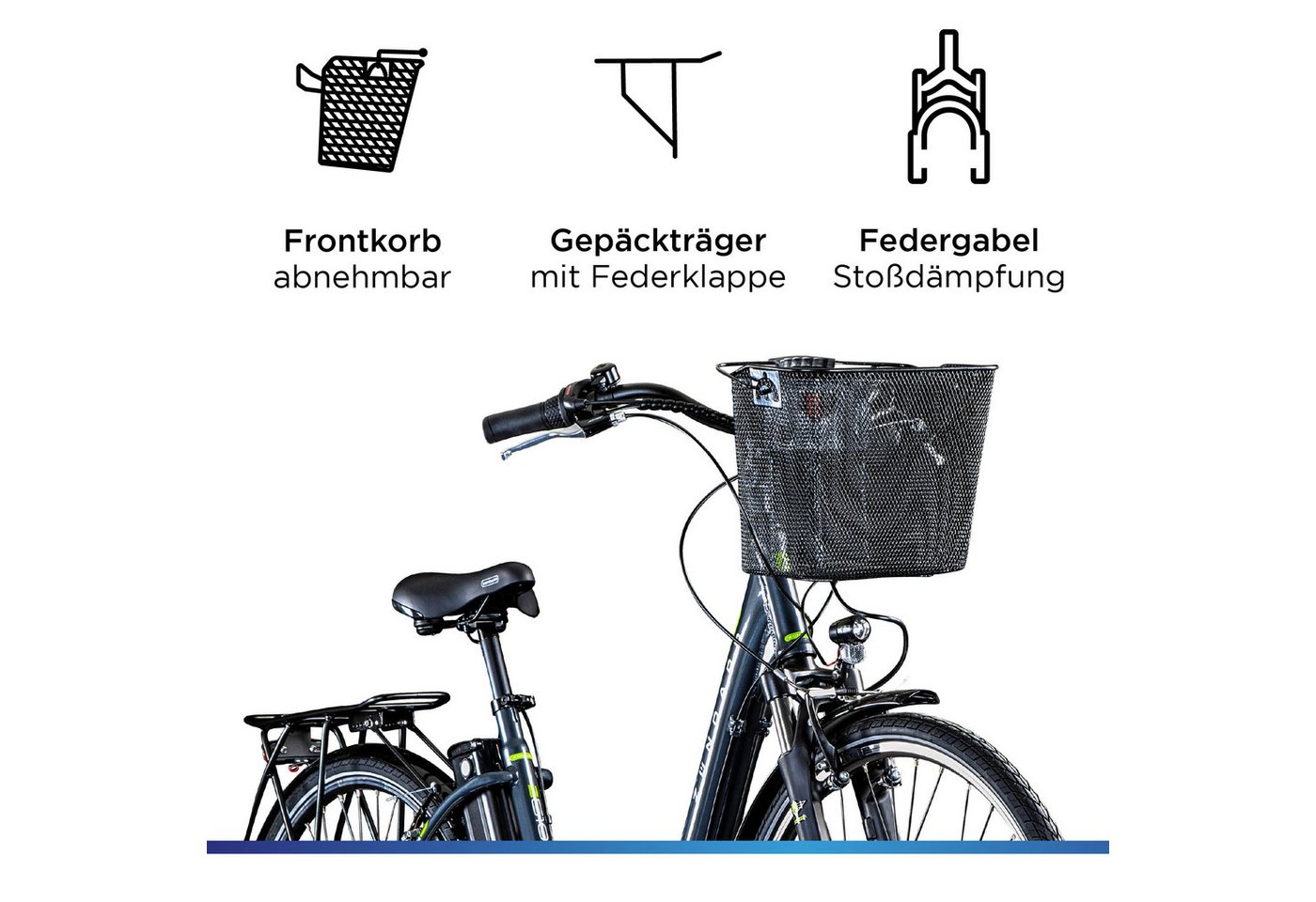 Thumbnail - Zündapp E-Bike Cityrad Z510, 3 Gang Shimano Nexus SC-3C41 Schaltwerk, Nabenschaltung, Frontmotor, 374 Wh, (mit Frontkorb...