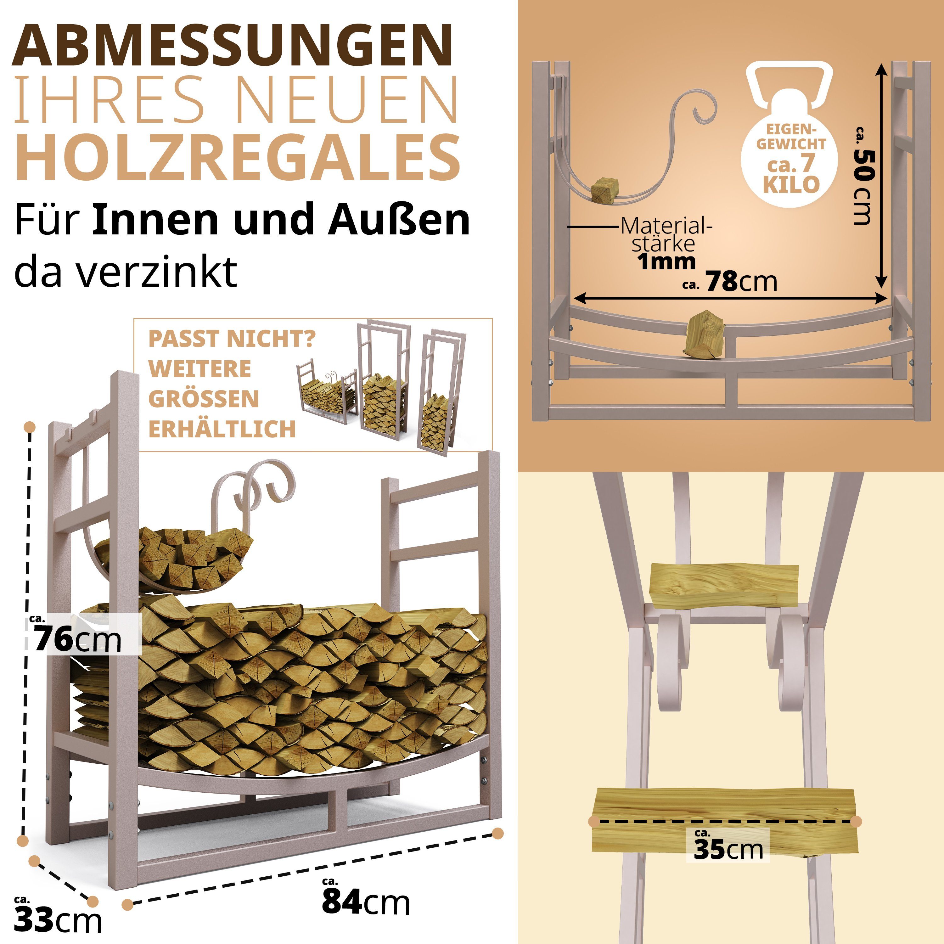 Feuerholzregal BEIGE LAWA BxTxH:84x33x76 Living Stapelhilfe / and verzinkt, pulverbeschichtet, cm, CREMEWEIß innen Lifestyle Brennholz, Kaminholzhalter außen stehend, Kaminholzregal liegend,