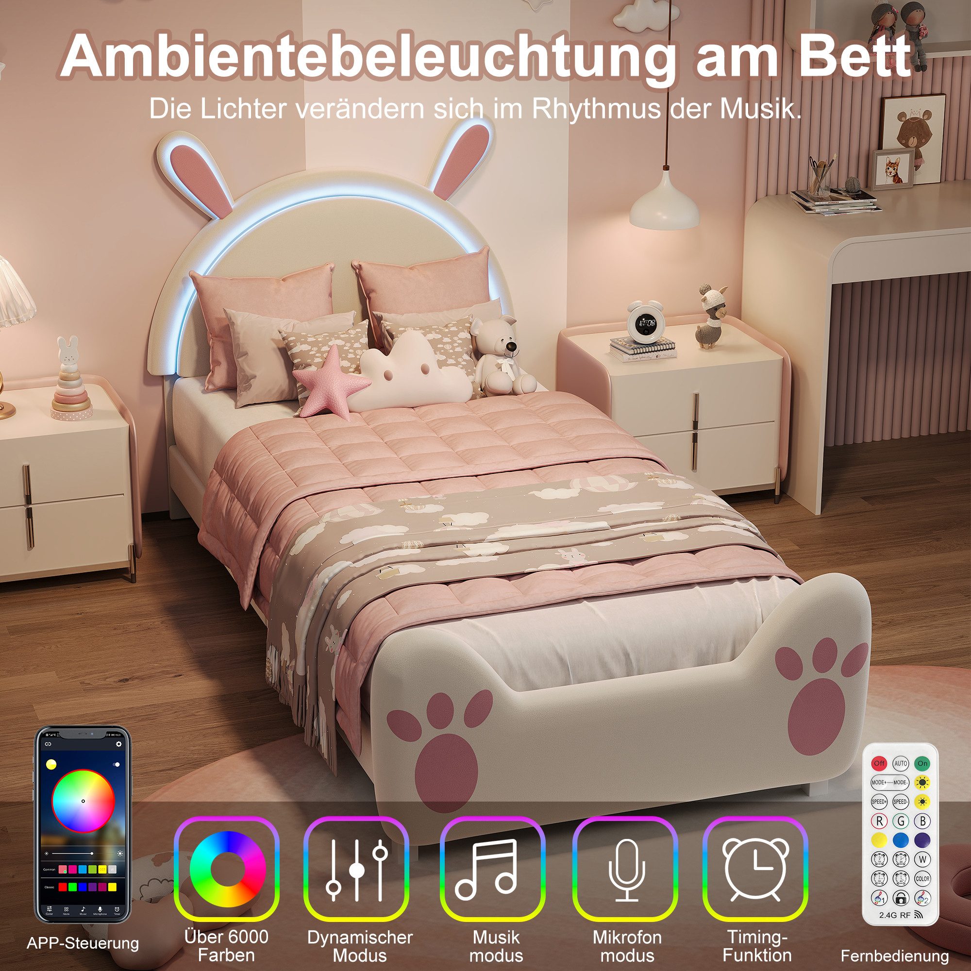 Yelenaro Polsterbett Kinderbett Einzelbett Jugendbett (Packung, 1-tlg., Jugendbett), 90x200 cm,Hasenförmiges Design,Samtstoff - Rosa – Bild 4 von 5