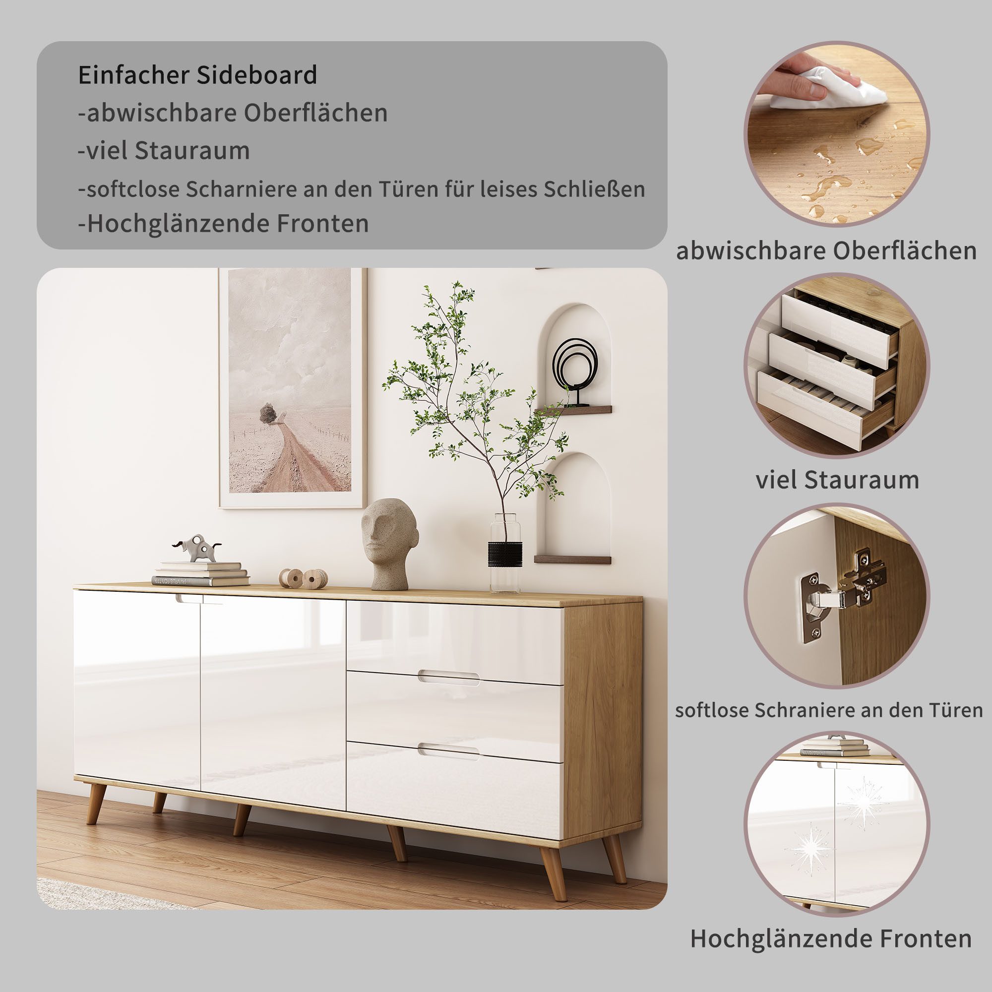 OTTO home Sideboard Lund, mit glänzenden Fronten, Griffmulden, helles Holzdekor, Breite 180 cm