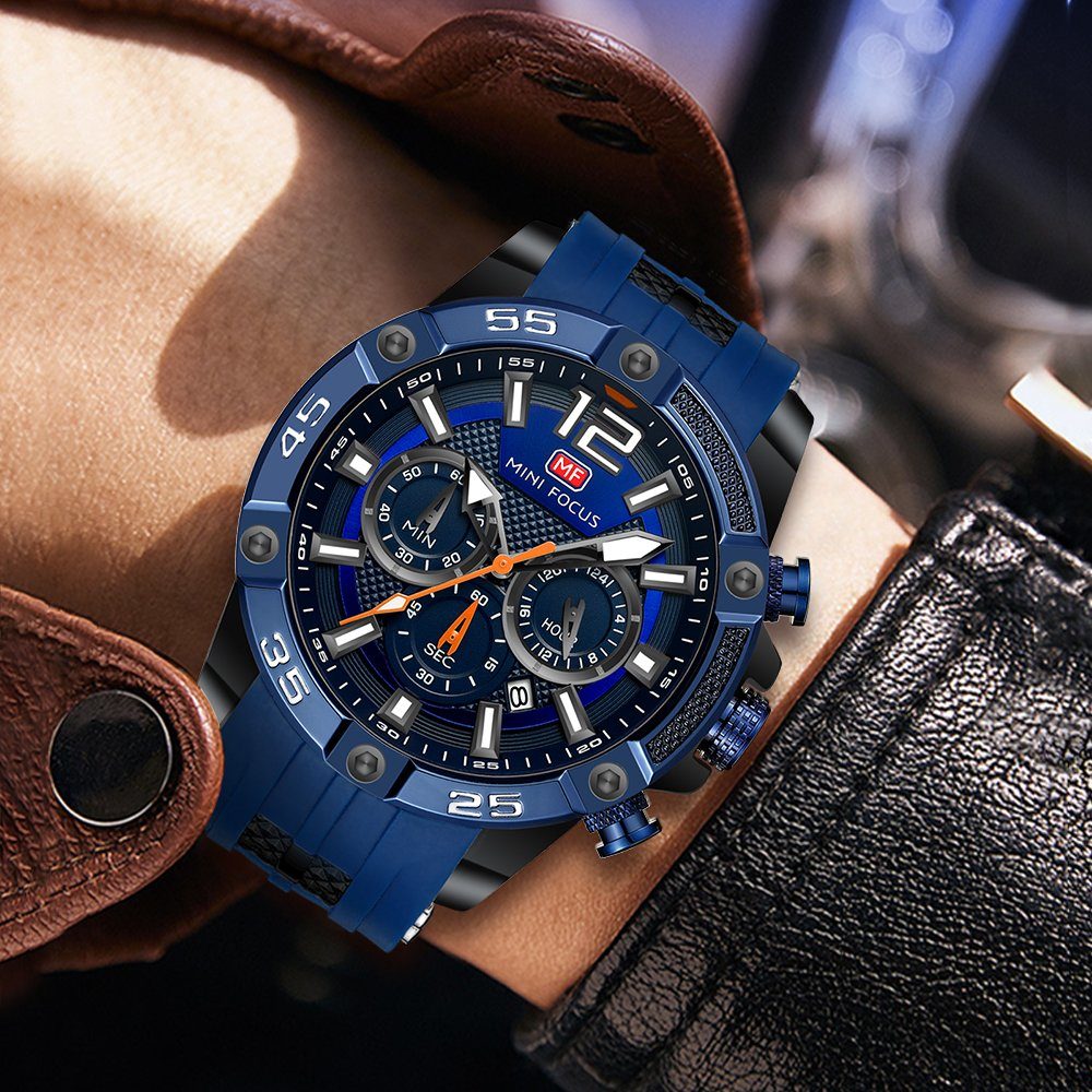 Blau Uhren Armbanduhr Datum Uhr Silikonarmband Kalender, GelldG Chronograph Quarzwerk, Schwarz,