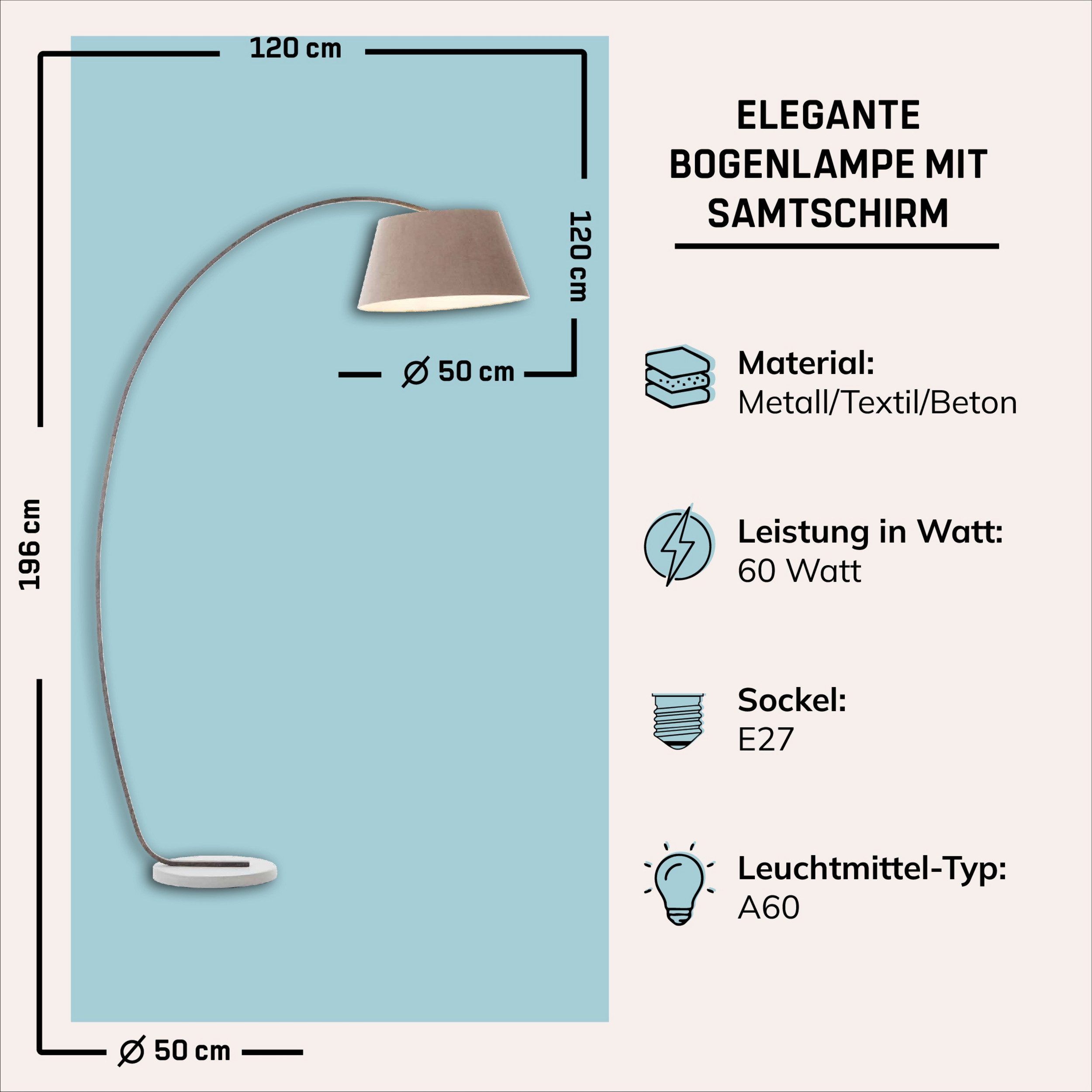 Lightbox Bogenlampe, ohne Leuchtmittel, Stehleuchte mit elegantem Stoffschirm und Betonfuß, 196 cm Höhe, E27
