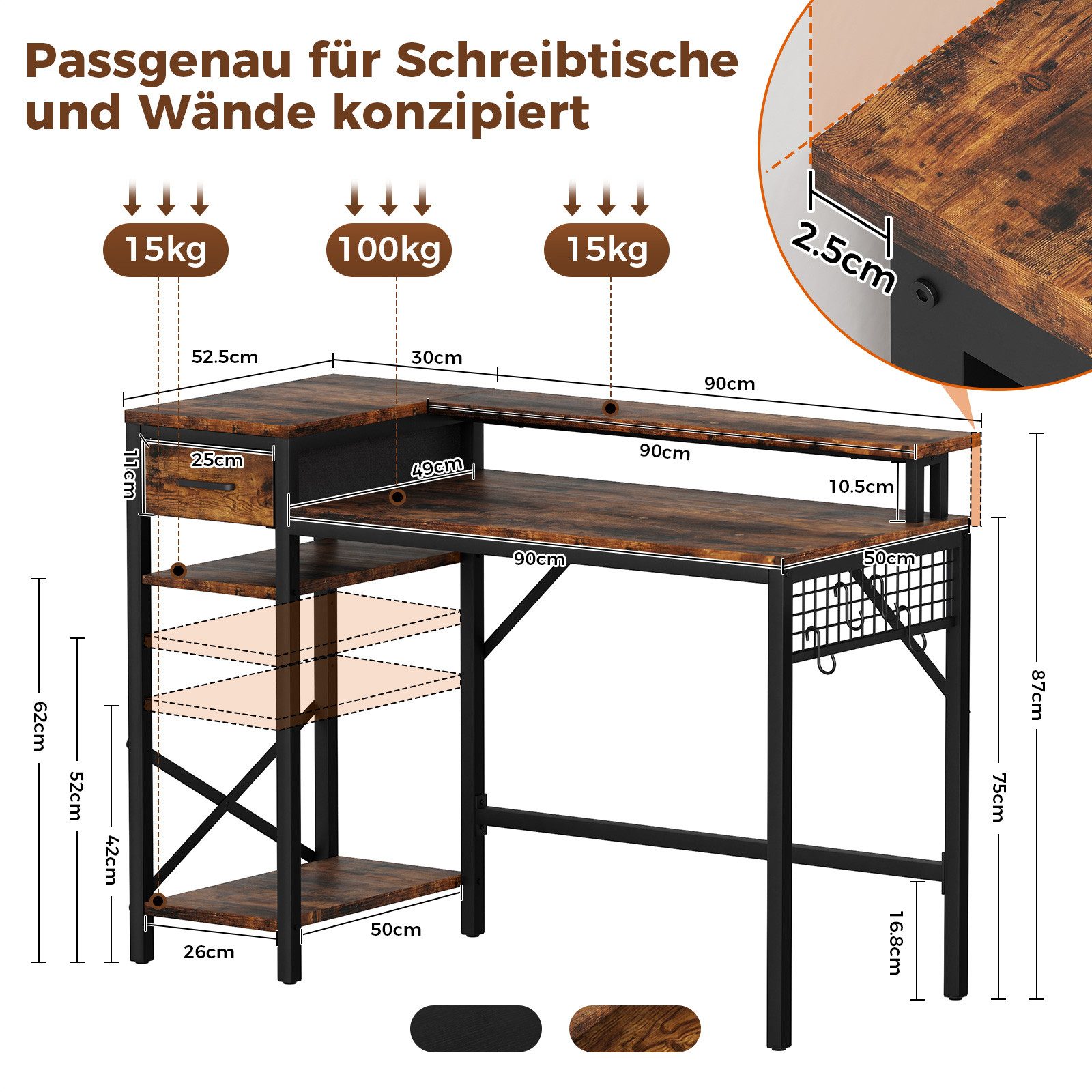 Oak&Tea Kinderschreibtisch Computertisch, Bürotisch mit Schubladen & Monito günstig online kaufen