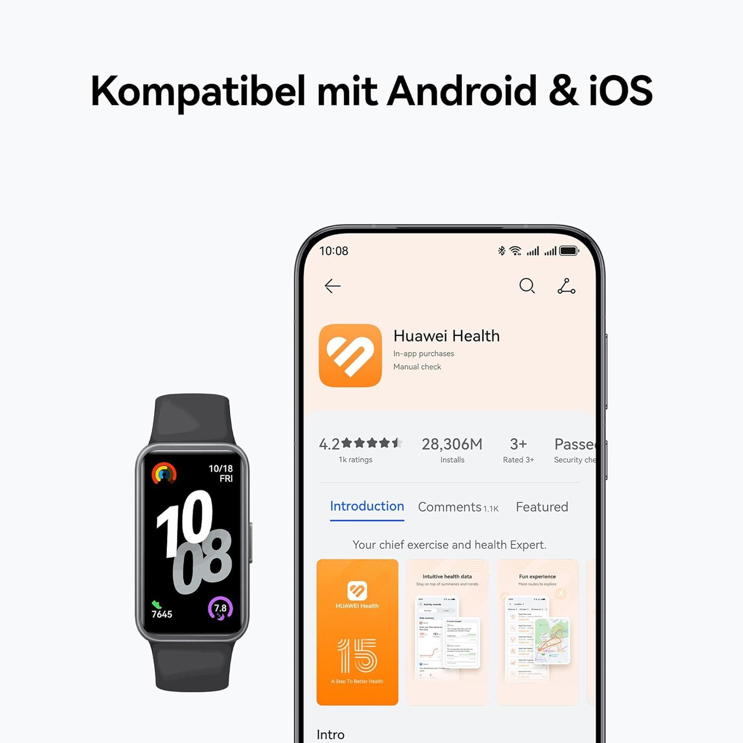 Huawei Fitness-Tracking Schlafanalyse 14 Tage Akkulaufzeit Herren's & Damen's Smartwatch (3,7 cm, Android iOS), AMOLED Display Bluetooth Anruf funktion