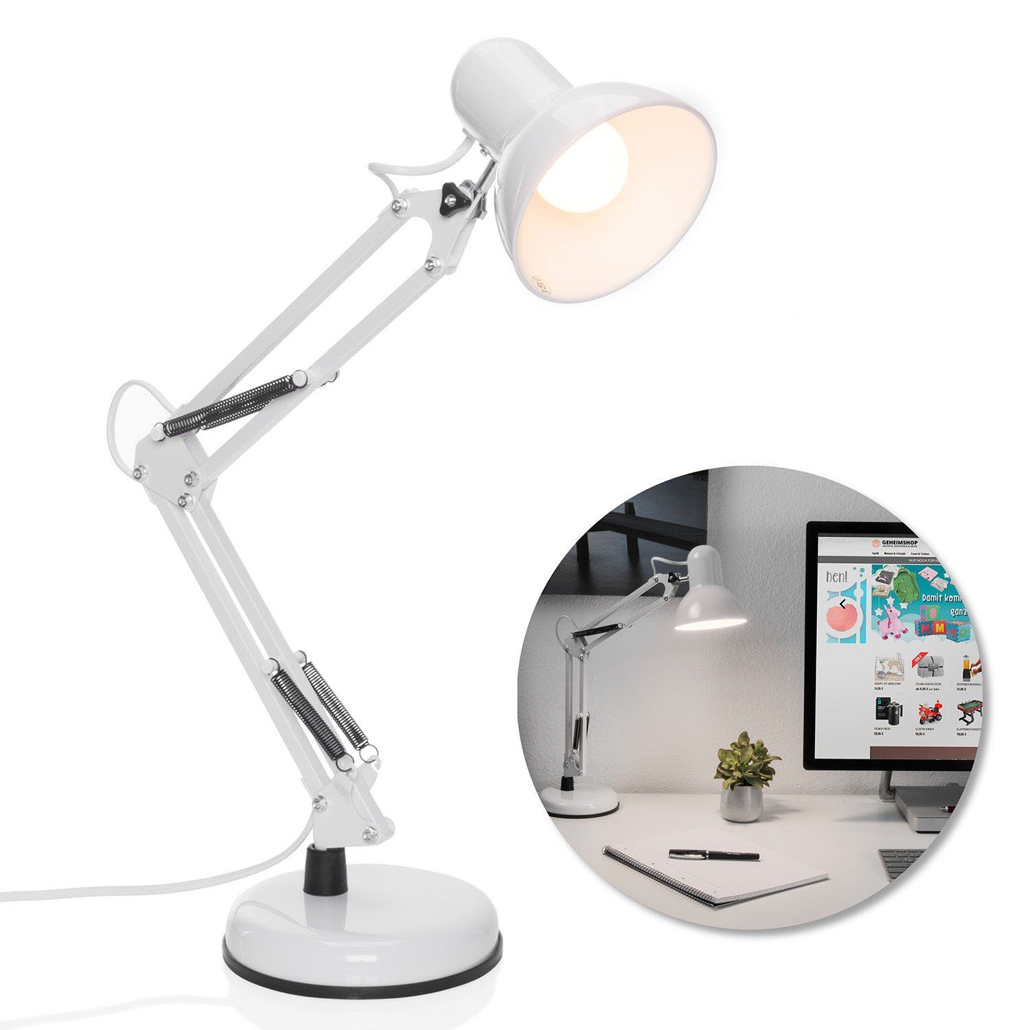 Goods+Gadgets LED Schreibtischlampe LED Schreibtischlampe mit Arm–Verstellbare Tischlampe für Büro & Home, mit Gelenk-Arm aus Metall inkl. LED Glühbirne, Arbeitslampe