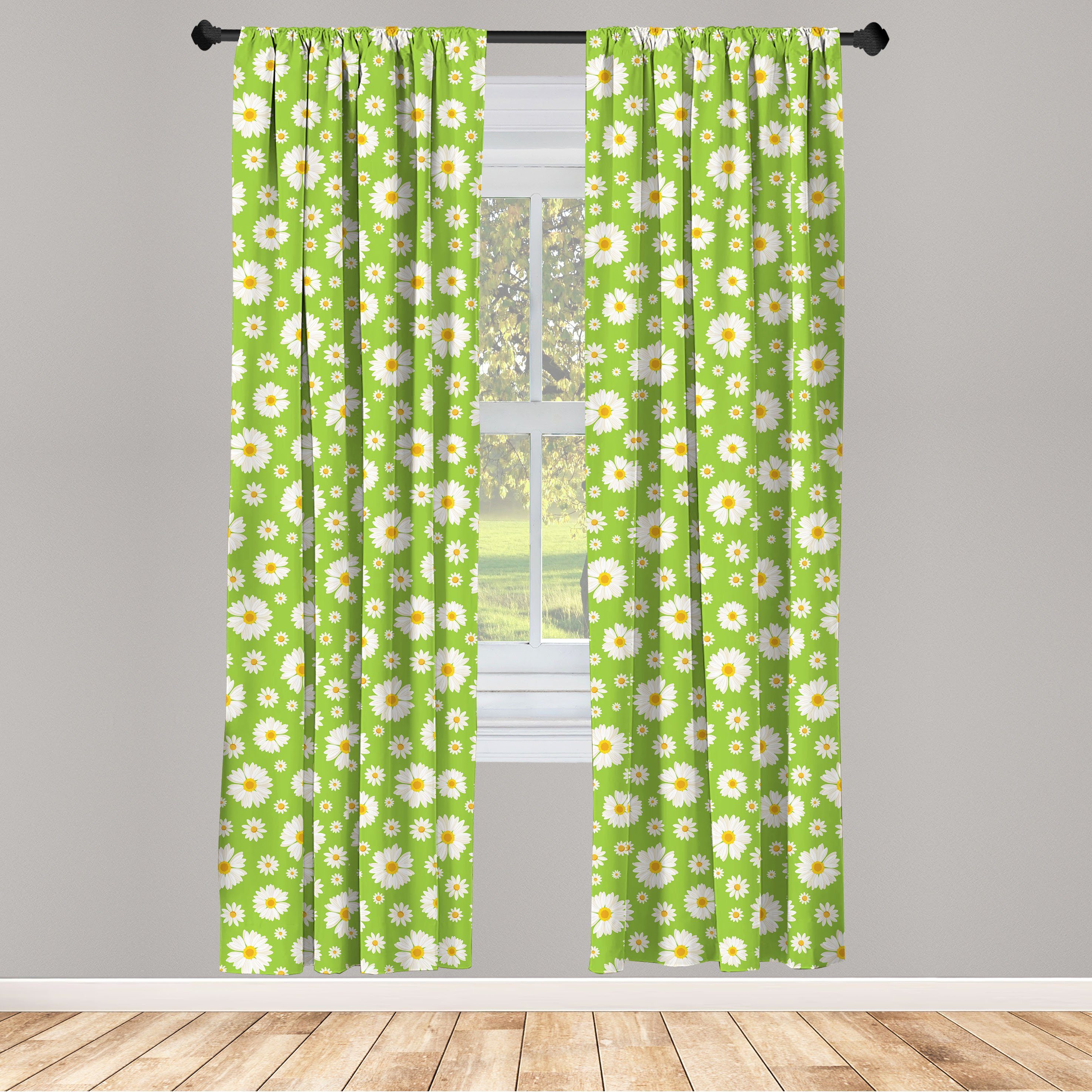 Gardine Vorhang für Wohnzimmer Schlafzimmer Dekor, Abakuhaus, Microfaser, Gänseblümchen Kamille Bloom auf Hellgrün | Fertiggardinen