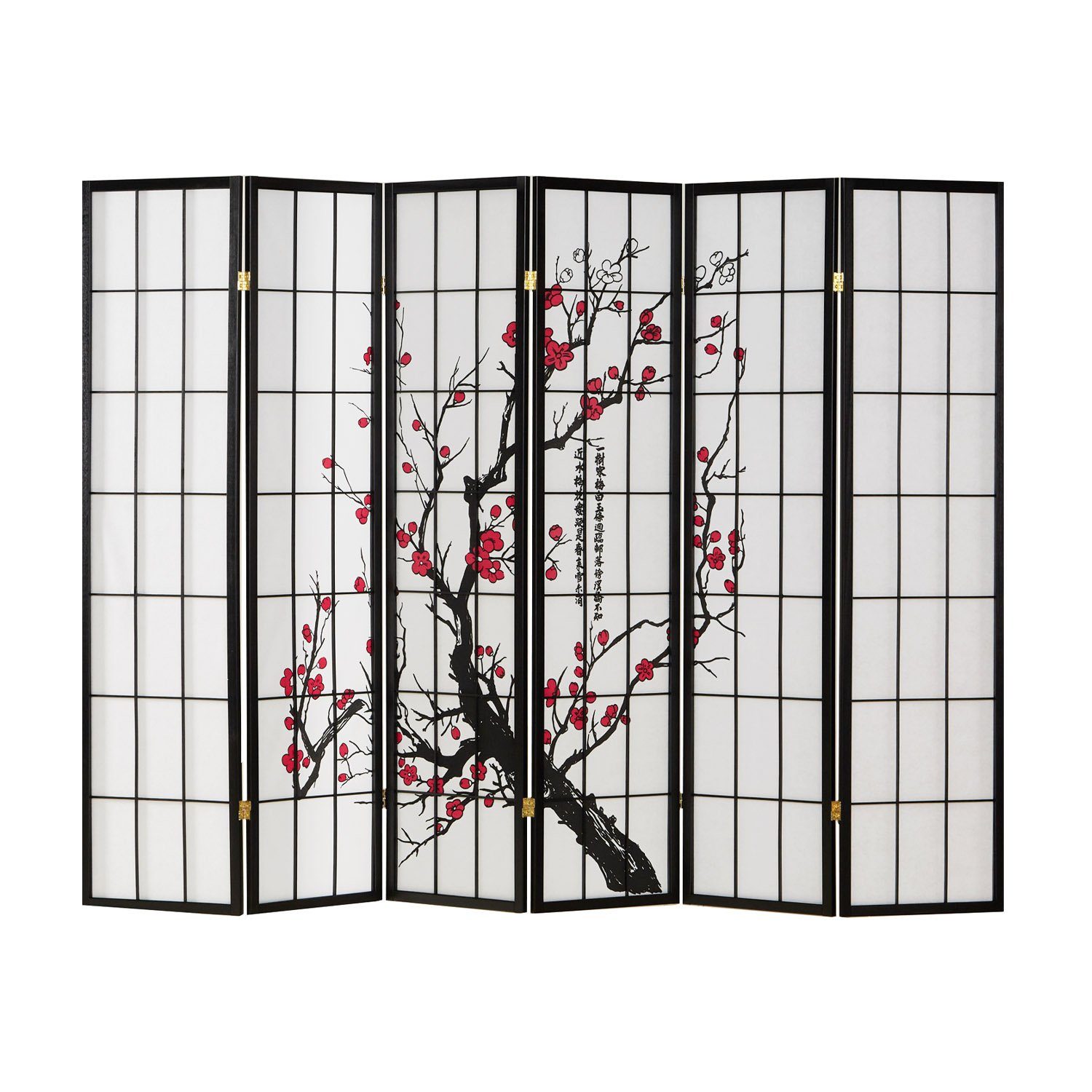 Homestyle4u Paravent Raumteiler Reispapier Weiß Kirschblüten Sichtschutz Schwarz Holz, 6-teilig
