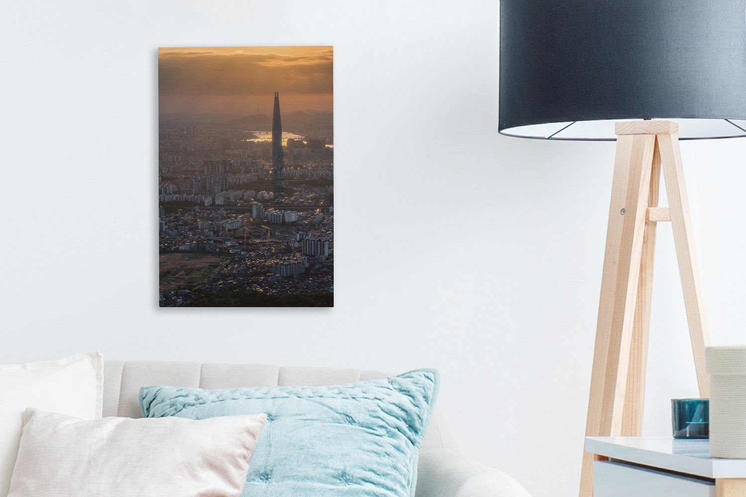 (1 inkl. World Tower Leinwandbild Lotte Abend, am des Luftaufnahme St), in bespannt 20x30 Eine Zackenaufhänger, Gemälde, Südkorea cm Leinwandbild fertig OneMillionCanvasses®