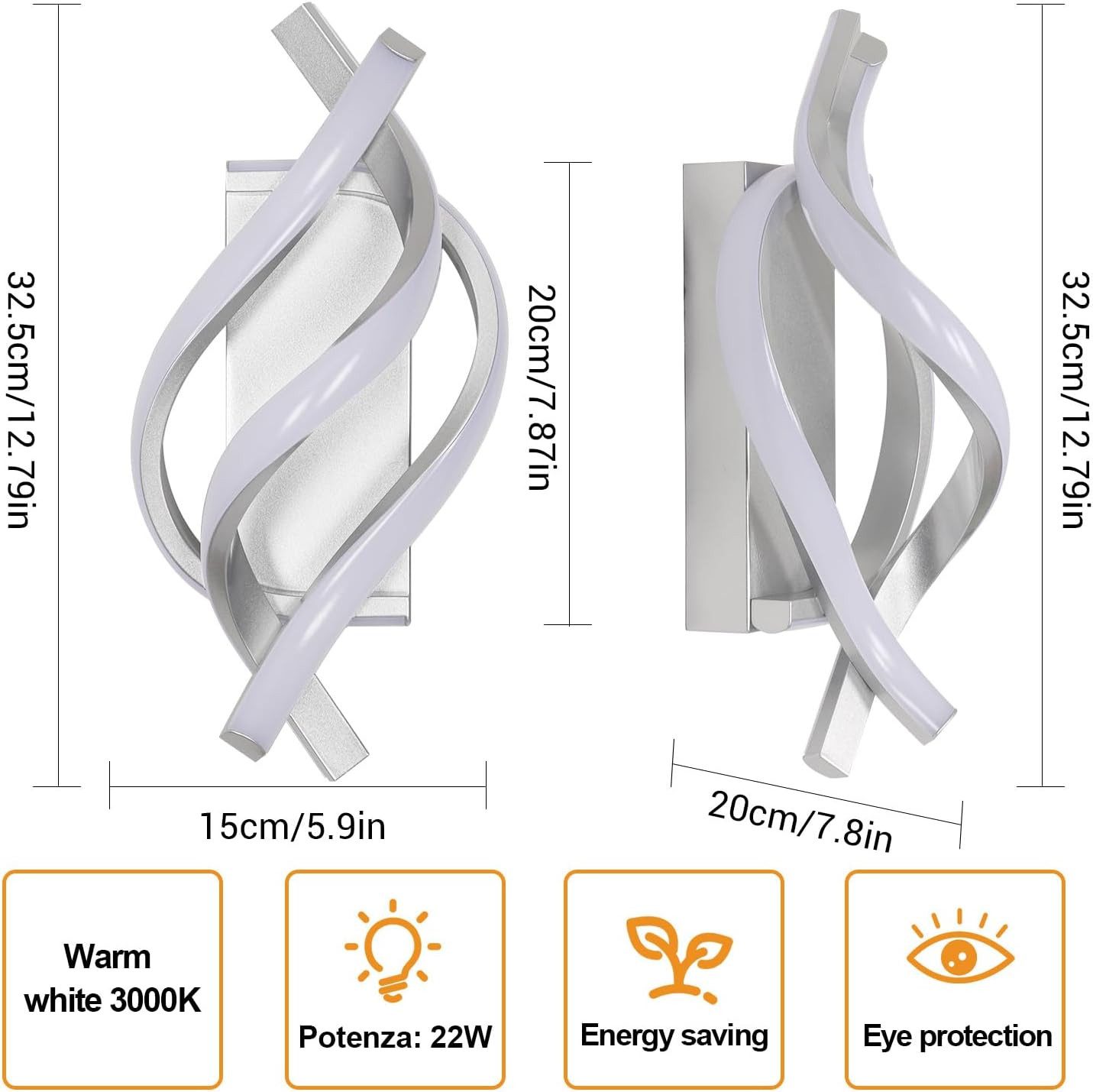 Riserva Wandleuchte Moderne LED Wandlampe Zopf-Design, 19W 3000K Silber, LED wechselbar – Bild 3 von 5