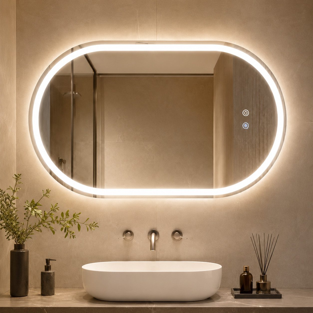 Nettlife Badspiegel LED Beleuchtung Touch Schalter Badezimmerspiegel 80CM Wandspiegel, 3000K bis 6500K Spiegel mit Entfogger Oval Memory Funktion