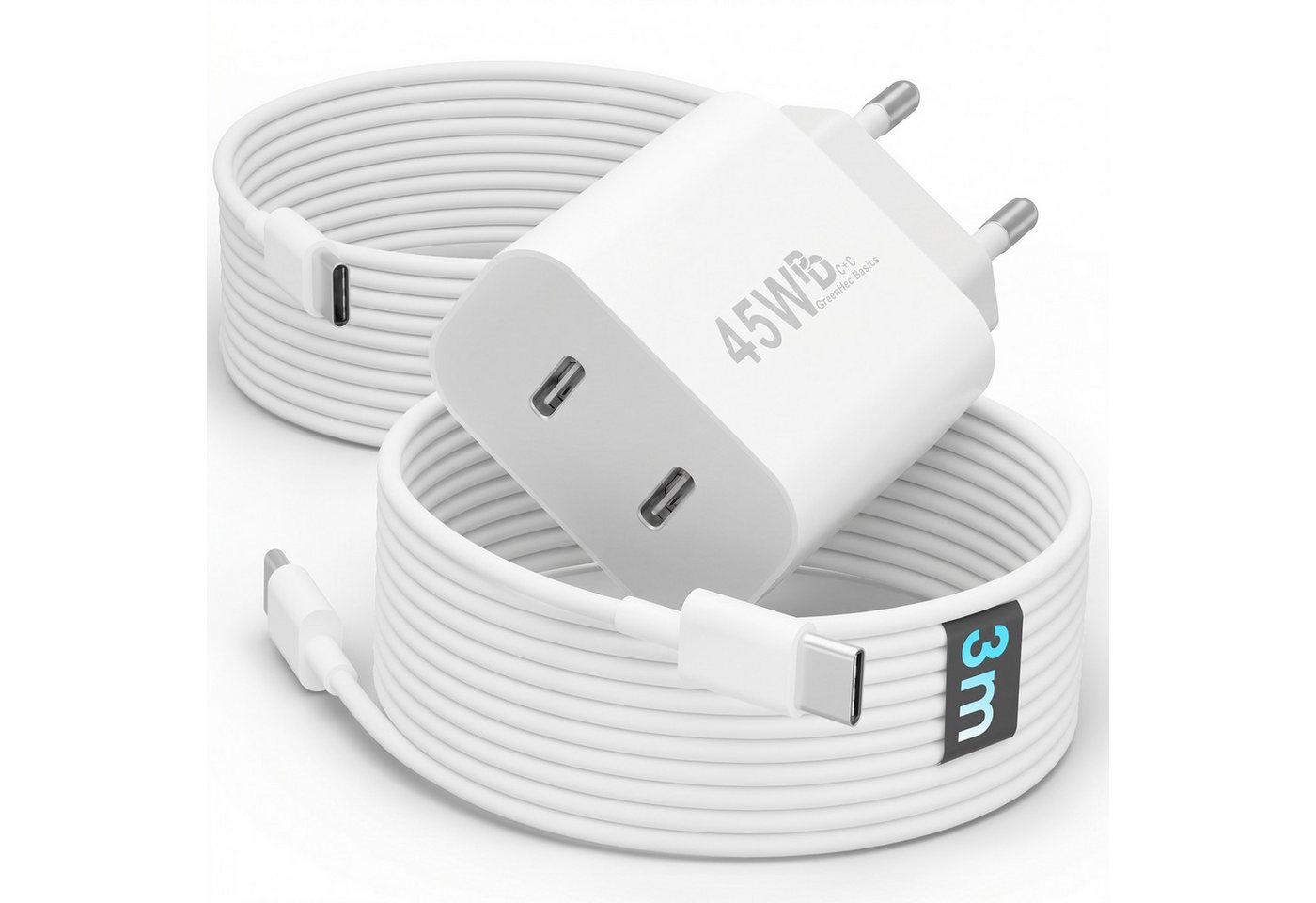 GreenHec USB C Schnellladegerät 45w Samsung Galaxy S26 S25 S24 S23 S22 S21 Fast Schnelllade-Gerät (Spar-Set, 45w USB-C Dual Charger + 2x 3m Kabel, S26+ Ultra FE Ladegeräte USBC Handy Charger Netzteil Adapter Zubehör)