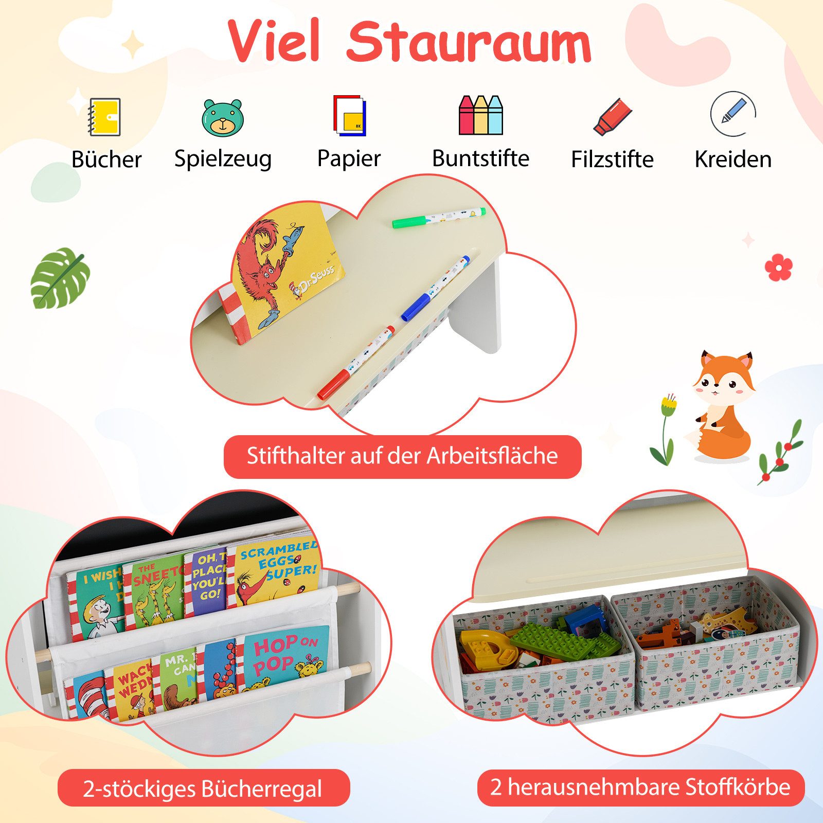 COSTWAY Kindersitzgruppe, (2-tlg), Kindertisch mit 2 Stühlen, 4-in-1 Kunststaffelei
