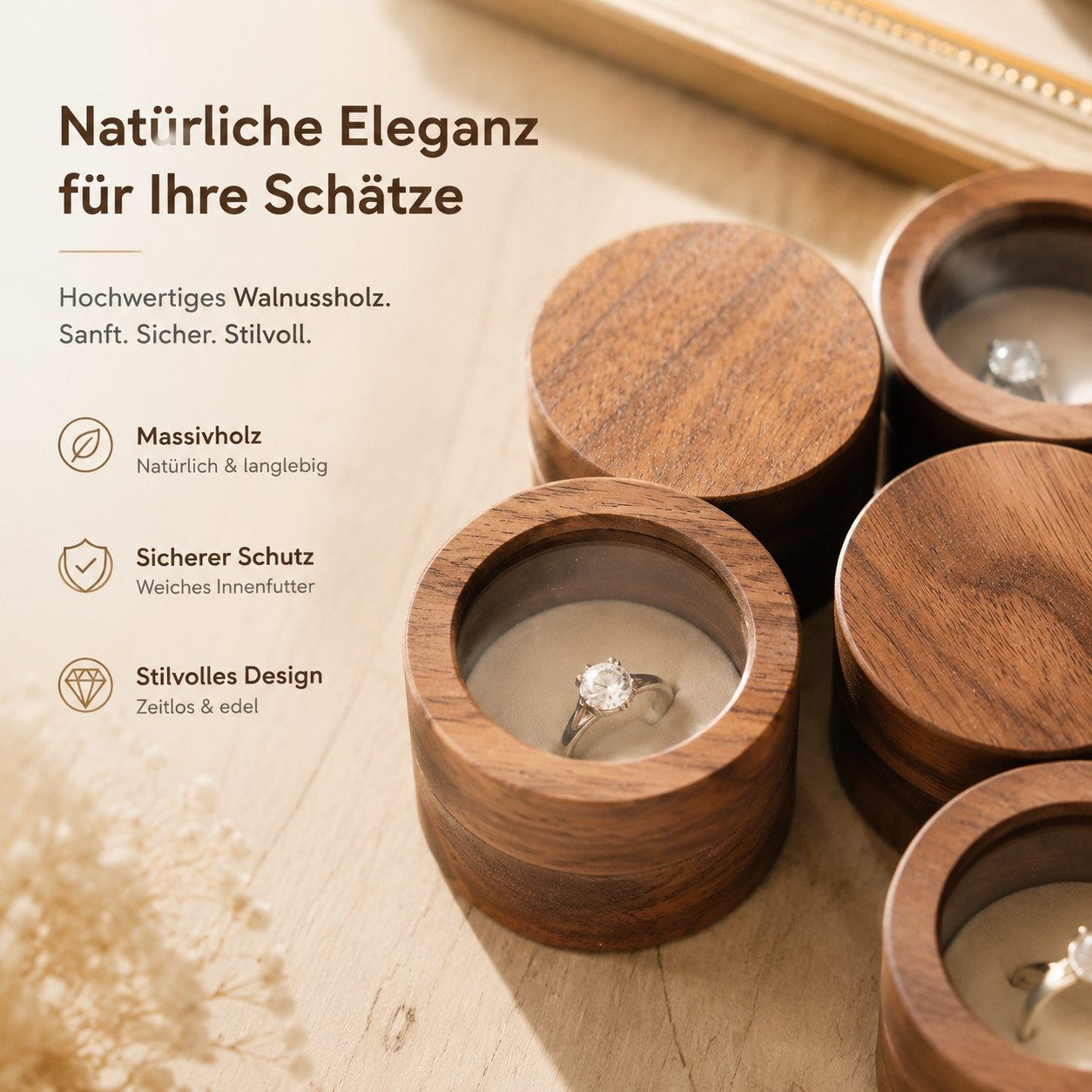 Jumpeak Schmuckkasten Schmuckkästchen Holz,Ringbox Verlobung,Geschenke für Frauen,Walnußholz (rund,elliptisch,quadratisch,portabel,klein,portabel, Schmuckaufbewahrung,Aufbewahrungsbox mit Deckel,Präsentationsbox), Schmuckkästchen,Ringbox Hochzeit 1-2 Ringe,schmuckkästchen klein