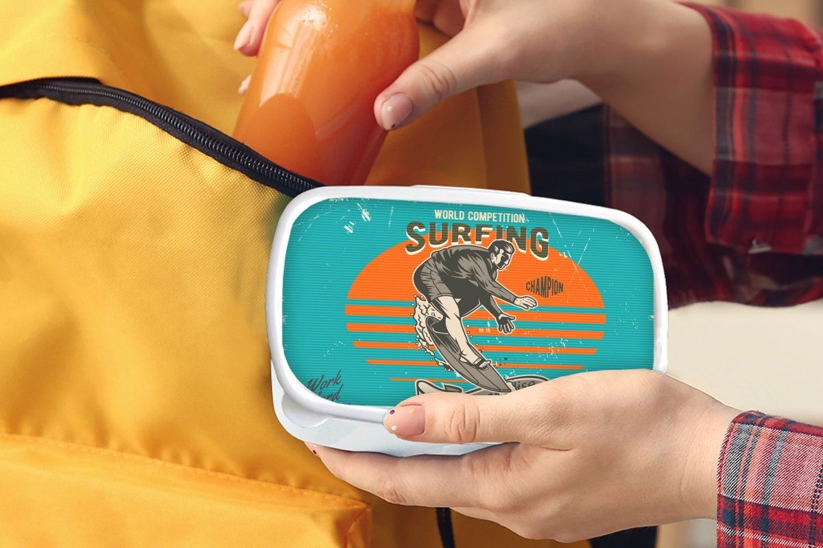 Mädchen Lunchbox und Jungs MuchoWow und Surfen Brotdose, - für (2-tlg), weiß Erwachsene, für Kunststoff, Surfbrett, - Kinder Brotbox Vintage