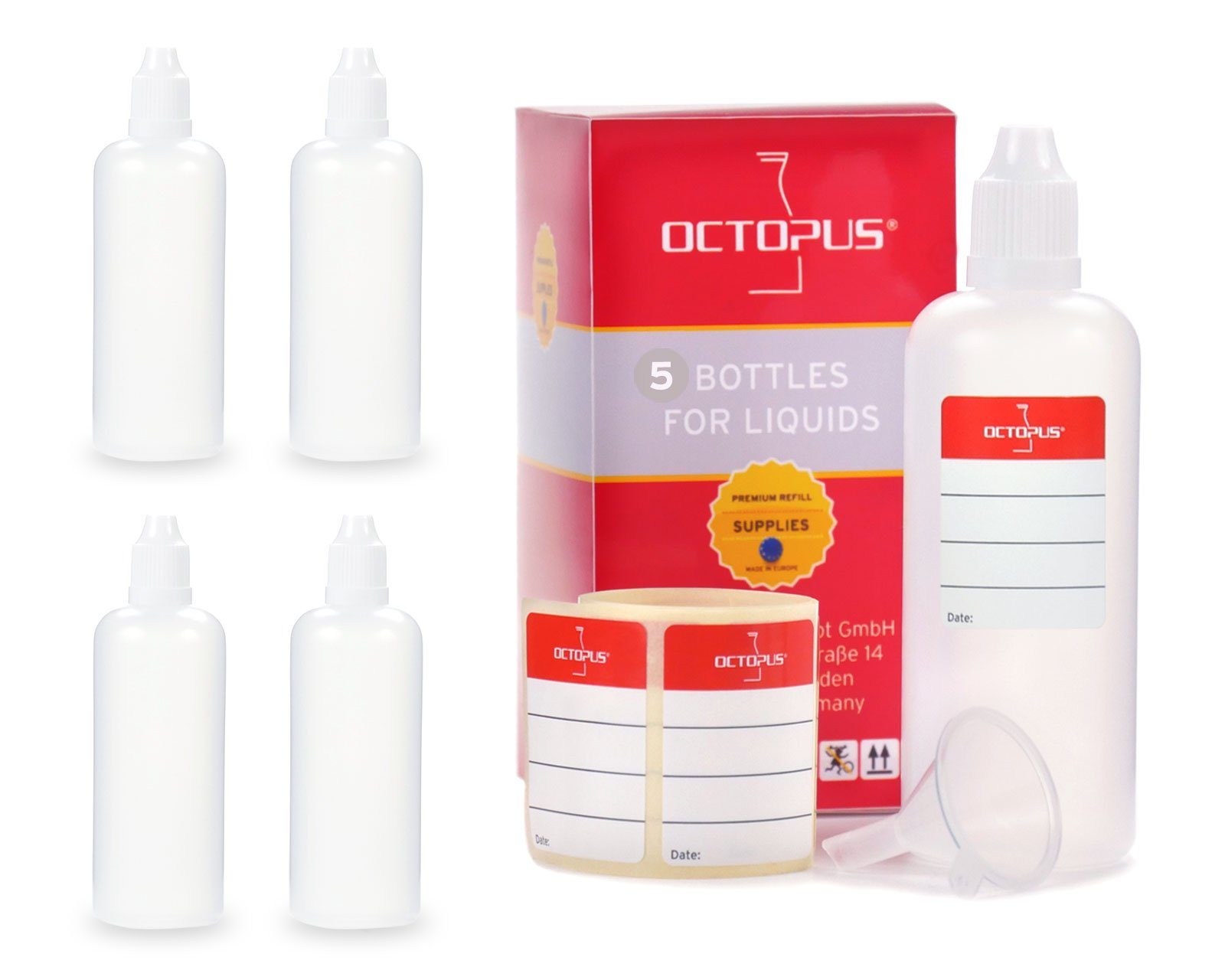 St) Kanister Plastikflaschen Tropfeinsatz, 100 weiß, OCTOPUS Deckel Mini- LDPE, ml G14, (5 5 1