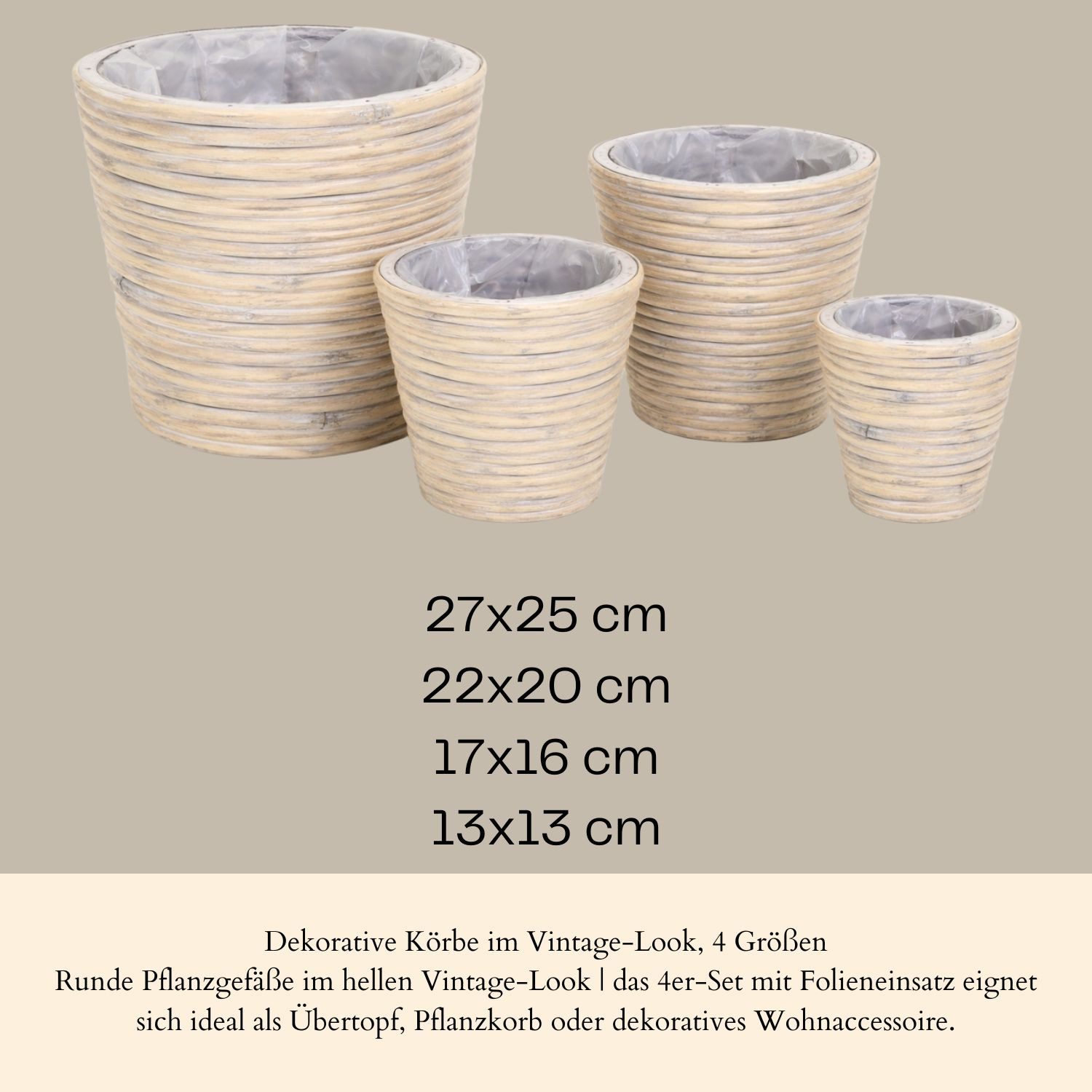 Marrakesch Orient & Mediterran Interior Übertopf 4er Set Boho Pflanzkorb Rattan handgefertigt in Grau 27 cm handgemacht (4 St), Handarbeit