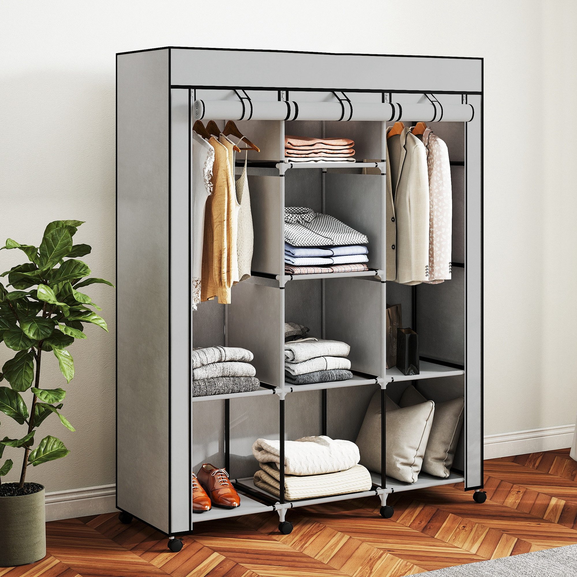 HOMCOM Stoffschrank Faltschrank für Schlafzimmer, Ankleidezimmer, 125x43x162,5cm (Kleiderschrank, 1-St., Tragbare Garderobe) Staubschutz, Hellgrau