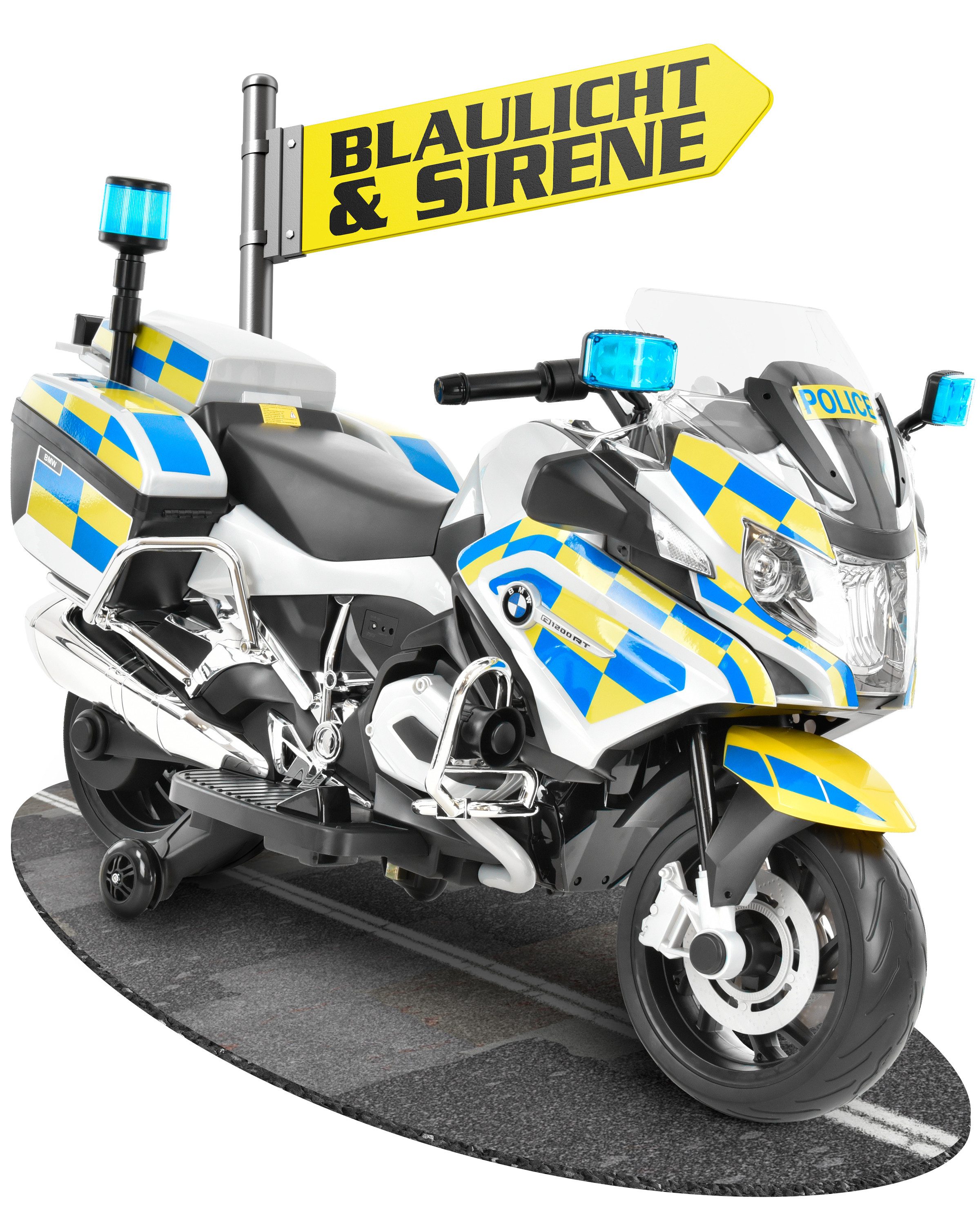 Hecht Elektro-Kindermotorrad BMW Police R1200RT mit Sirene und Blaulicht, Belastbarkeit 30 kg, 12V/7Ah Akku, 35W, 3 – 6 km/h