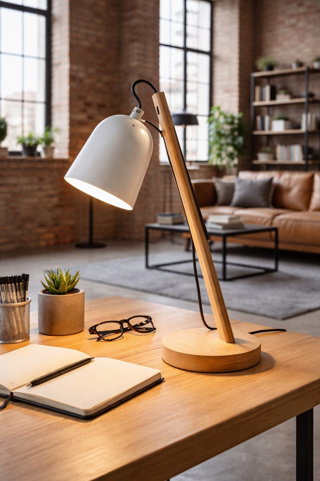 Rungassi Schreibtischlampe EDGAR Moderne Tischlampe mit Holzdesign und flexiblem Arm Weiß ED025, ohne Leuchtmittel