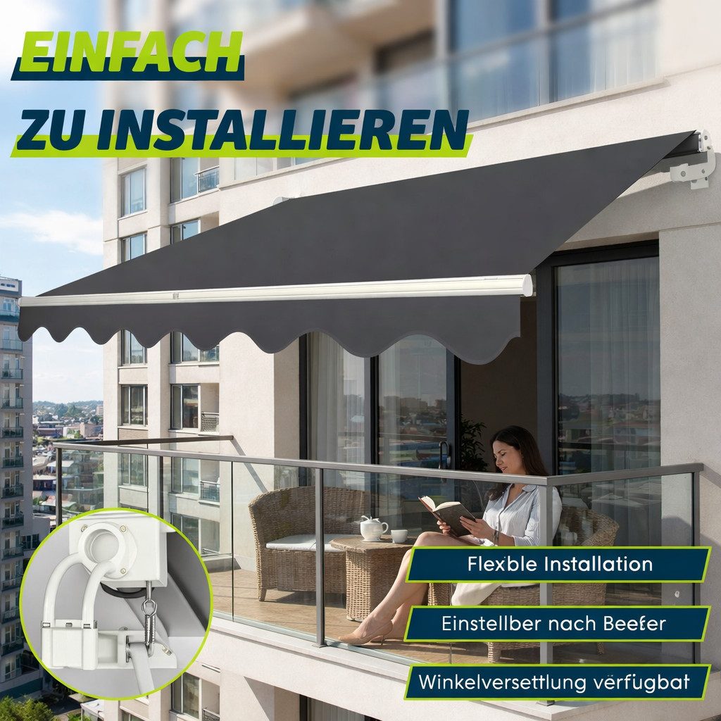 Huracan Gelenkarmmarkise Gelenkarmmarkise Manuell, Einziehbare Sonnenmarkise Balkonmarkise (UV50+ Schutz Wasserdicht, Einfache Montage für Terrasse Balkon, Dunkelgrau)
