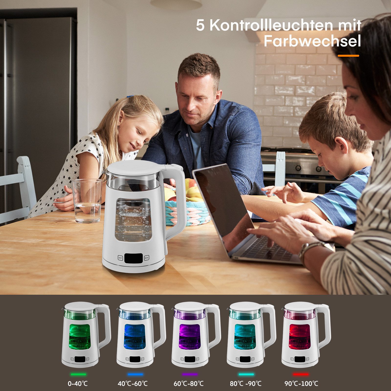 FOHERE Wasserkocher aus Glas mit Temperatureinstellung und 5 LED, 1.7 l, 2200 W, aus hochwertigem Edelstahl, Borosilikatglas & BPA-freiem Kunststoff – Bild 5 von 5